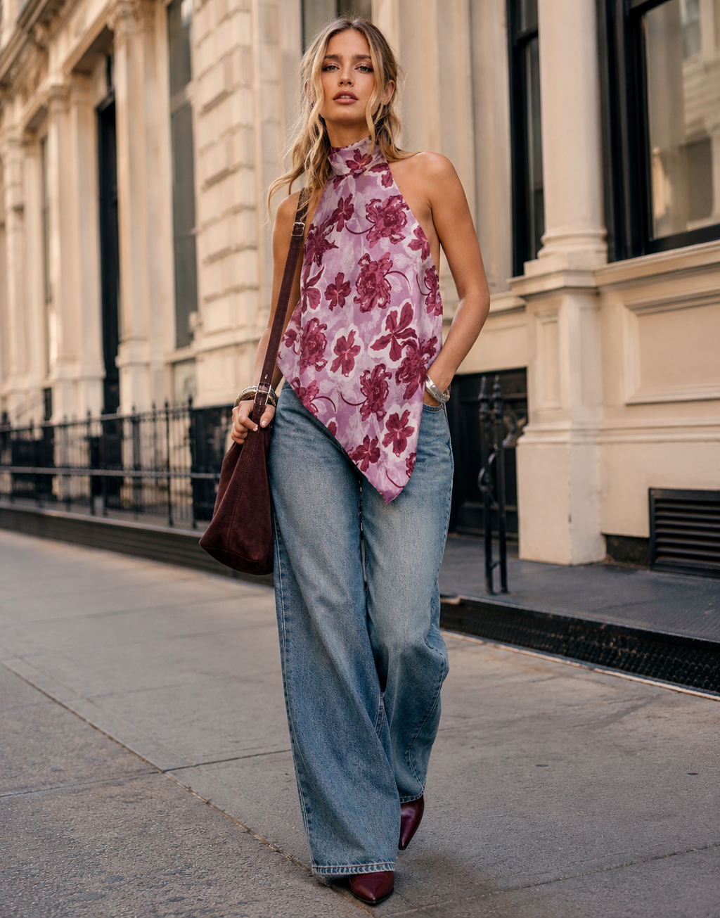 Sleeveless Floral Halter Top- Purple