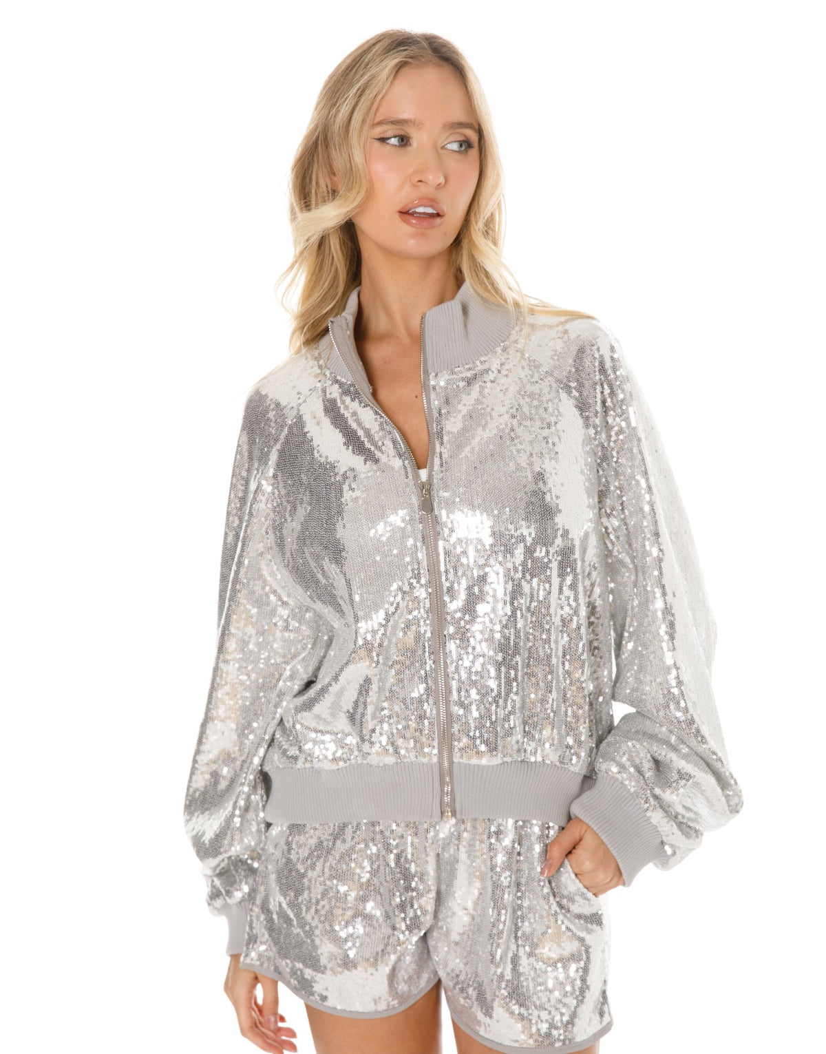 Sequin Bomber Jacket - Silver