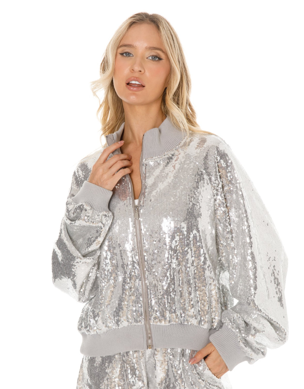 Sequin Bomber Jacket - Silver