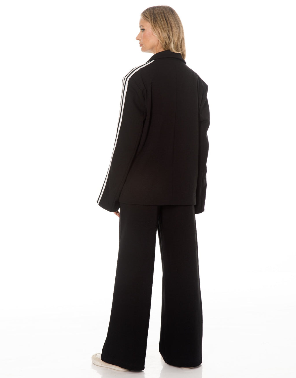 Side Stripe Blazer and Wide Leg Pants Set - Black