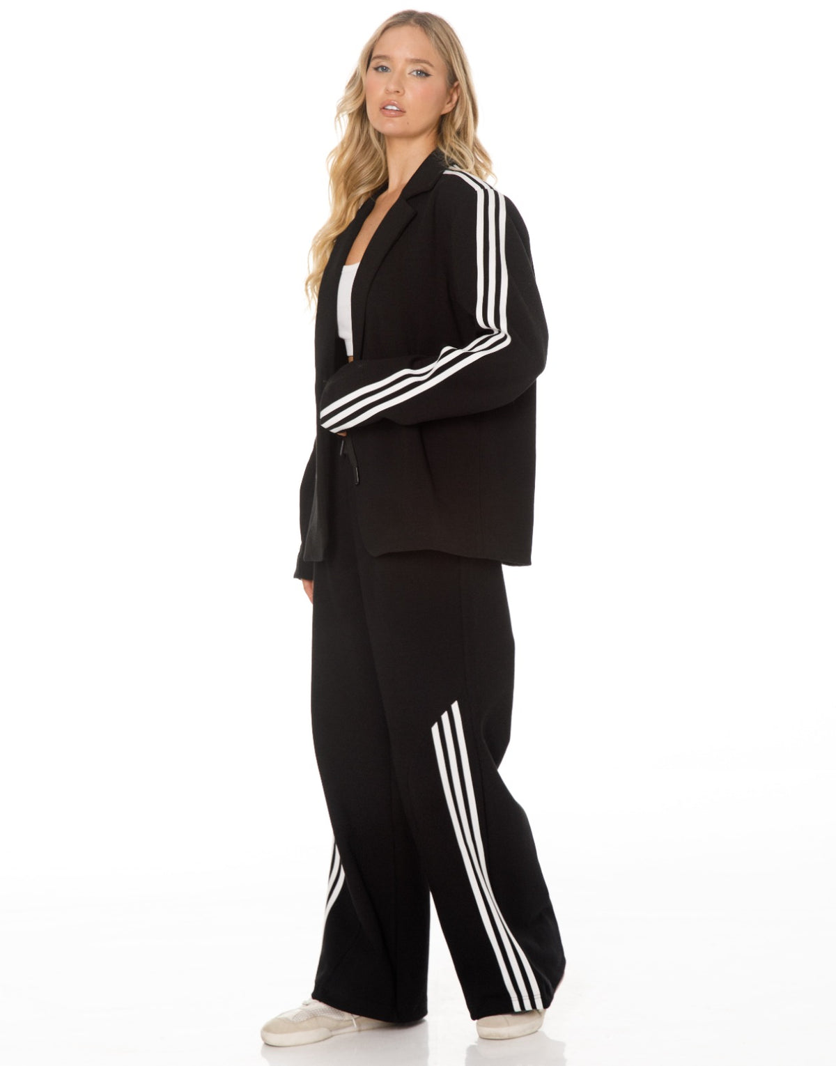 Side Stripe Blazer and Wide Leg Pants Set - Black