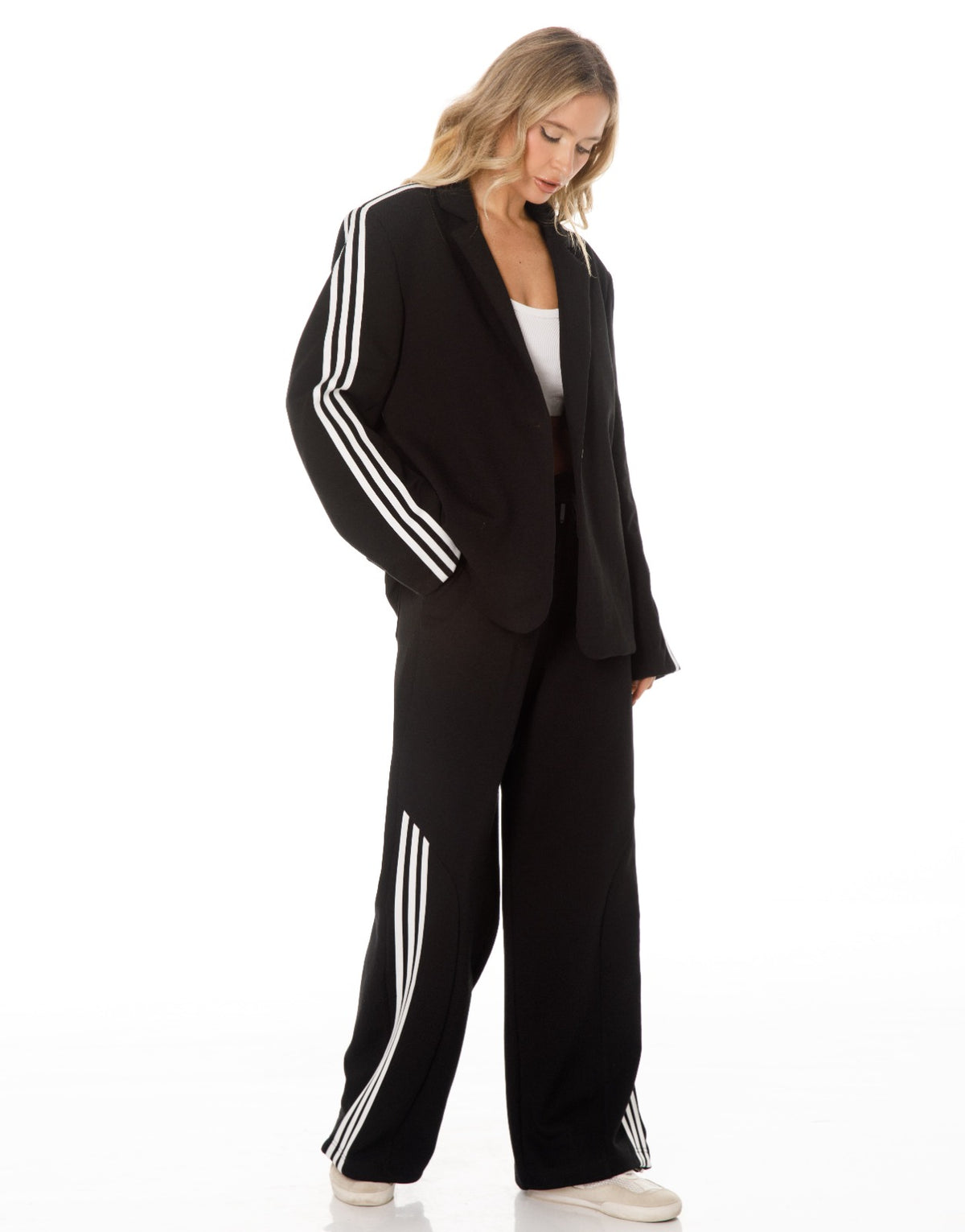 Side Stripe Blazer and Wide Leg Pants Set - Black