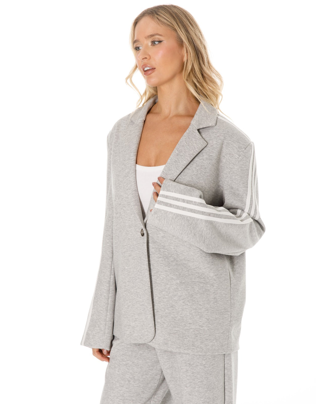 Side Stripe Blazer and Wide Leg Pants Set - Grey