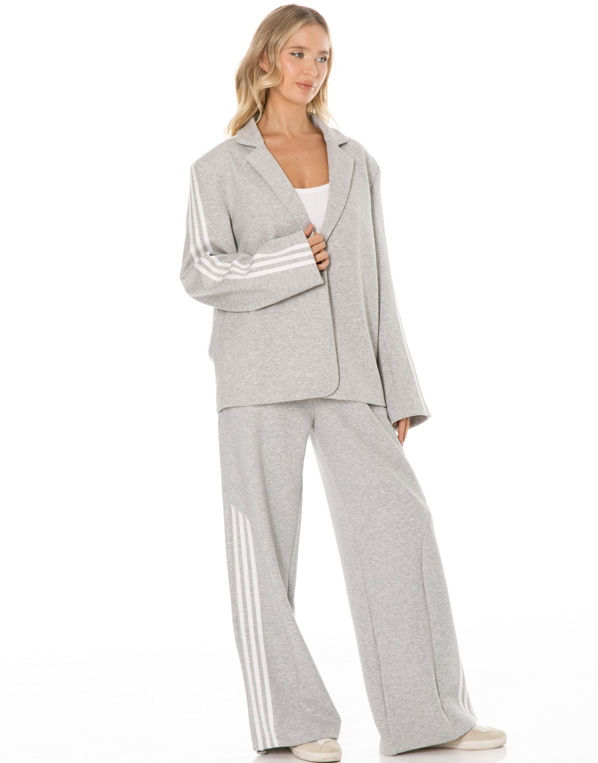 Side Stripe Blazer and Wide Leg Pants Set - Grey