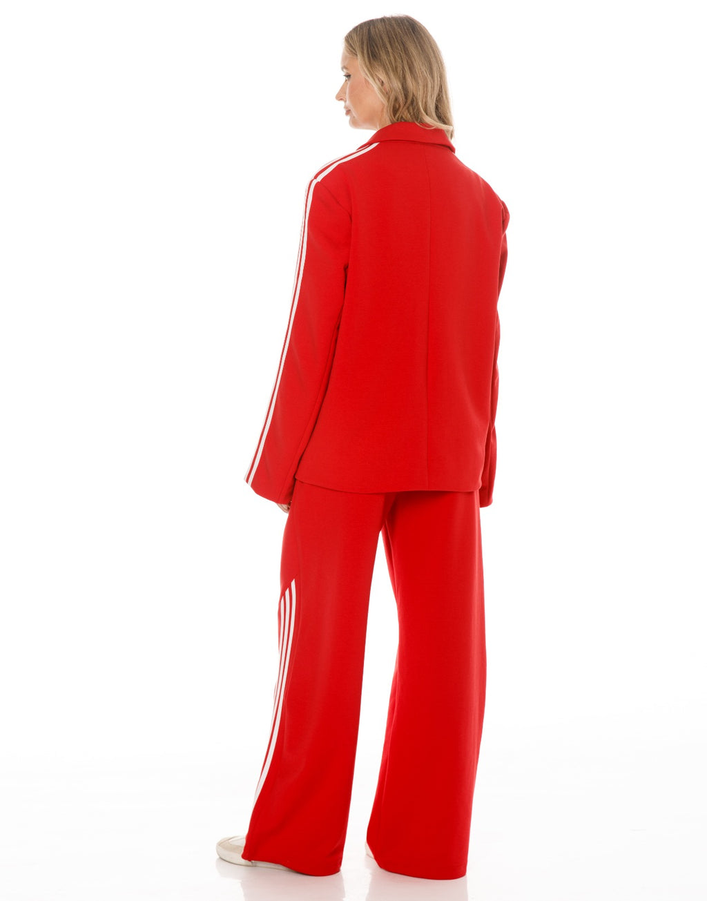 Side Stripe Blazer and Wide Leg Pants Set - Red