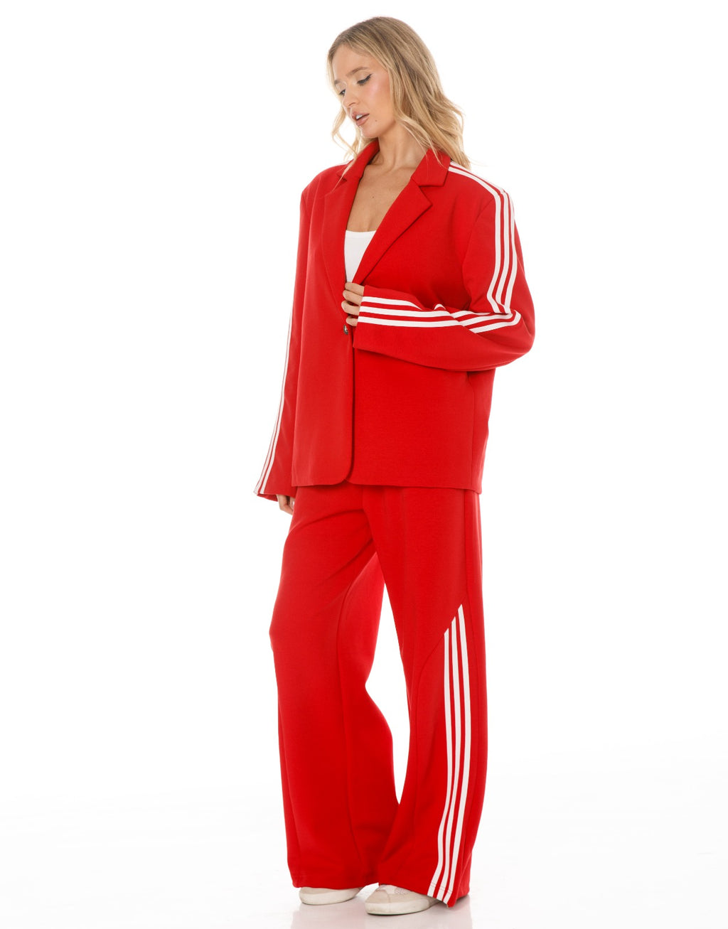 Side Stripe Blazer and Wide Leg Pants Set - Red