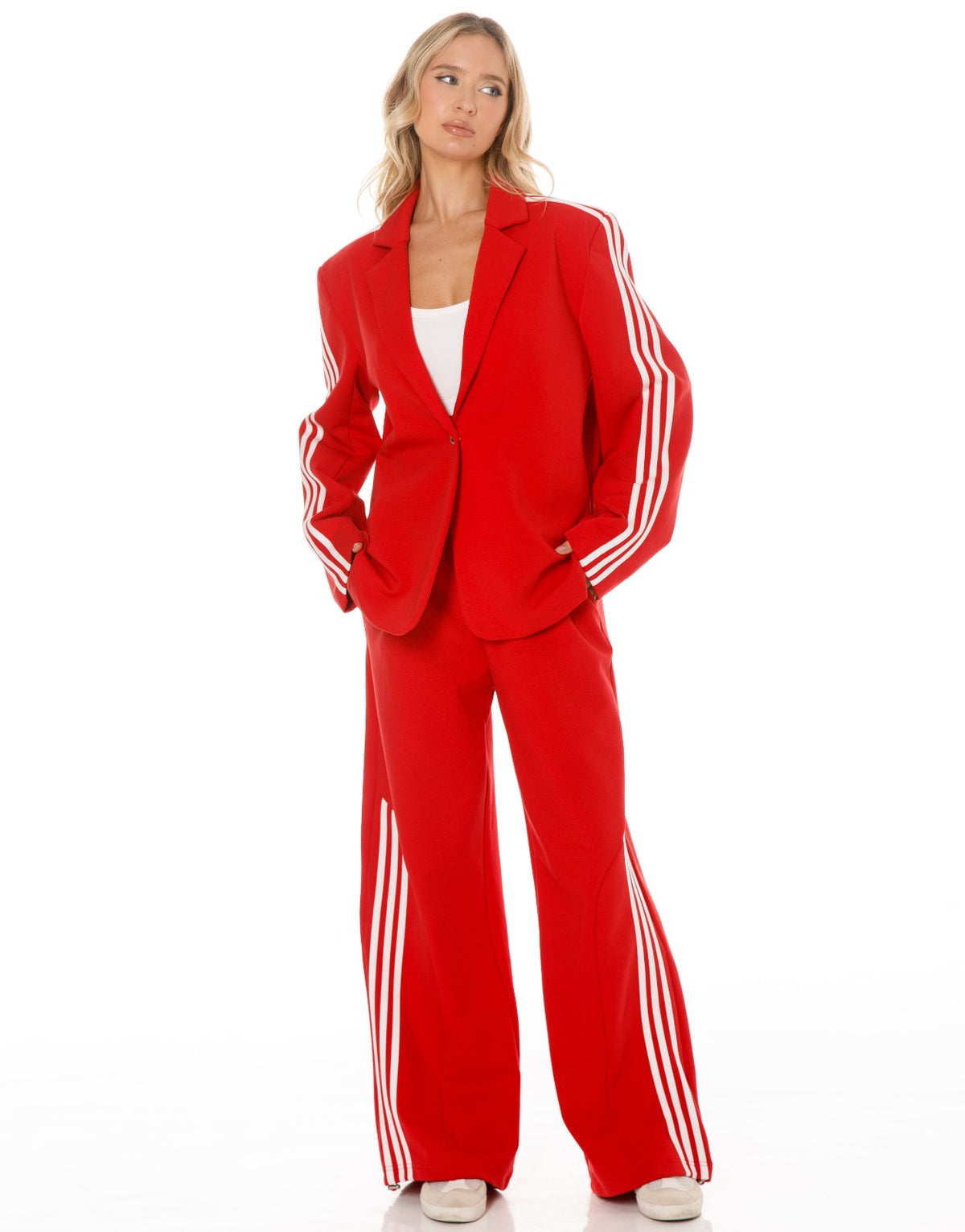 Side Stripe Blazer and Wide Leg Pants Set - Red