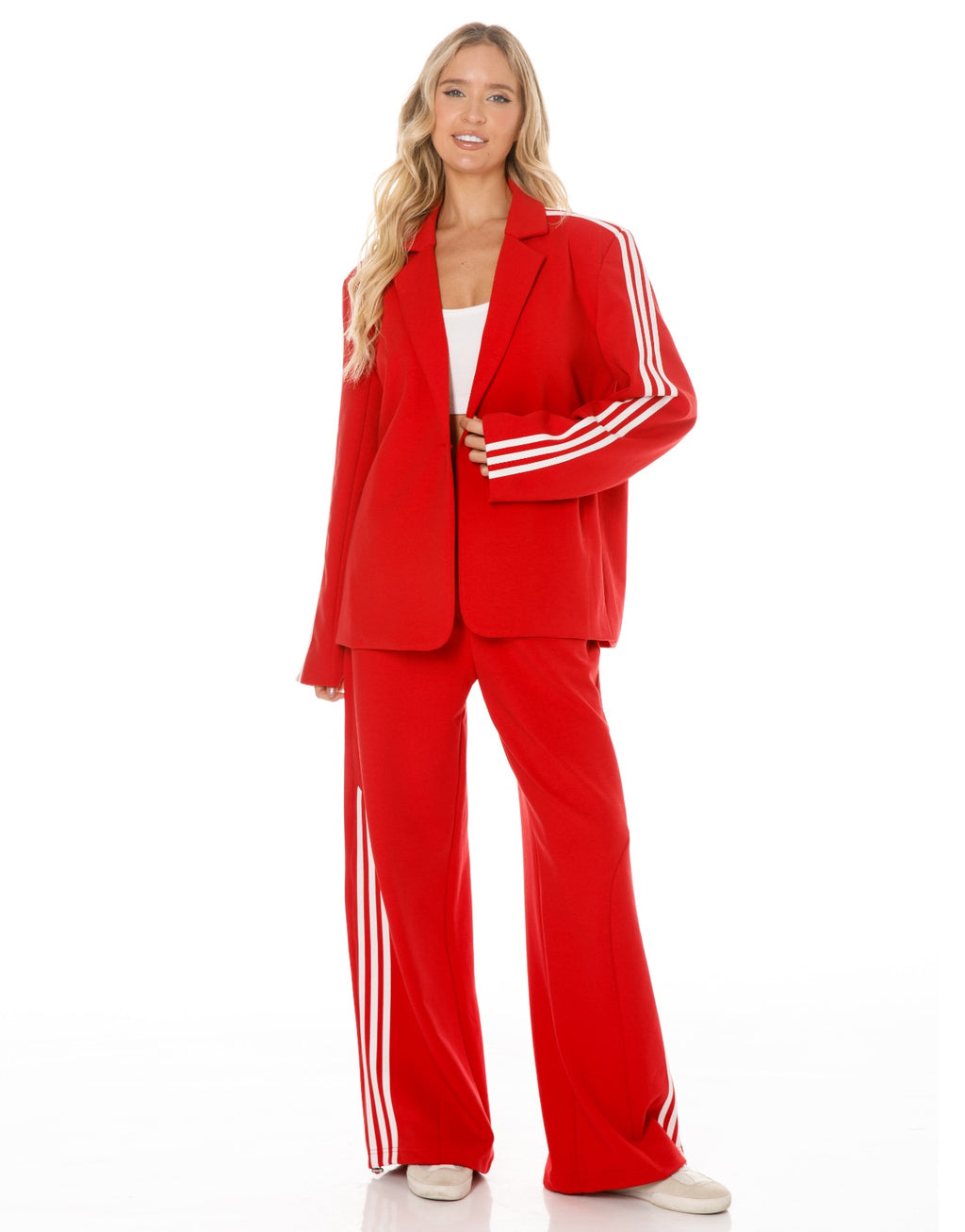 Side Stripe Blazer and Wide Leg Pants Set - Red