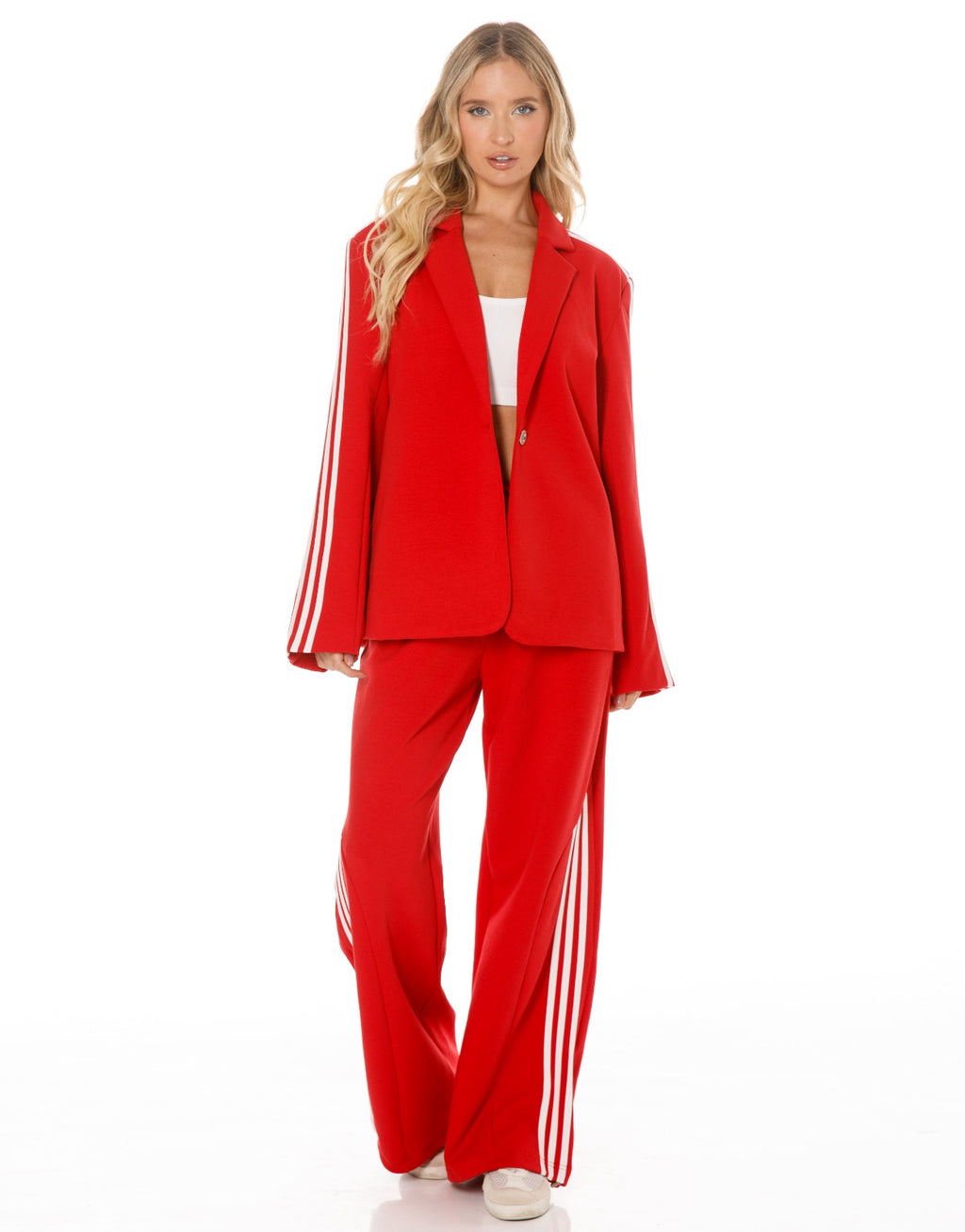Side Stripe Blazer and Wide Leg Pants Set - Red