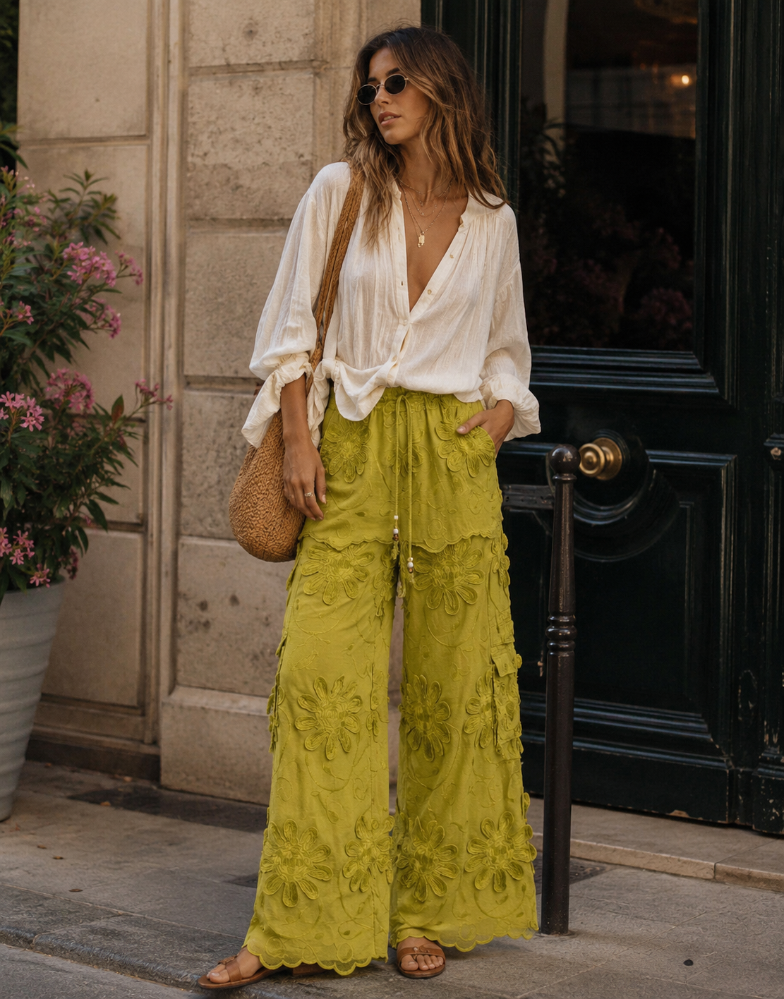 Wide Leg Pant with Embroidery Patchwork - Green