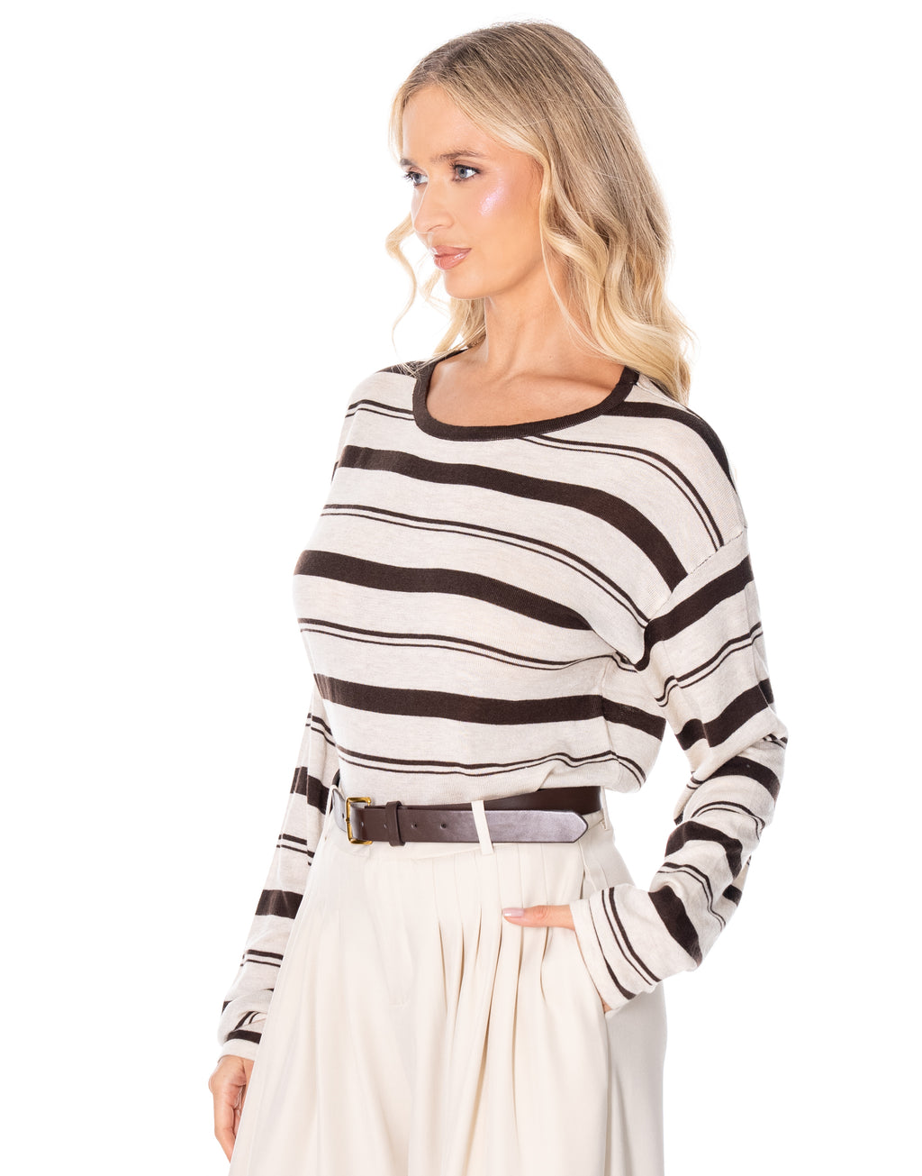 Oversized Striped Crewneck Knit - Apricot/coffee