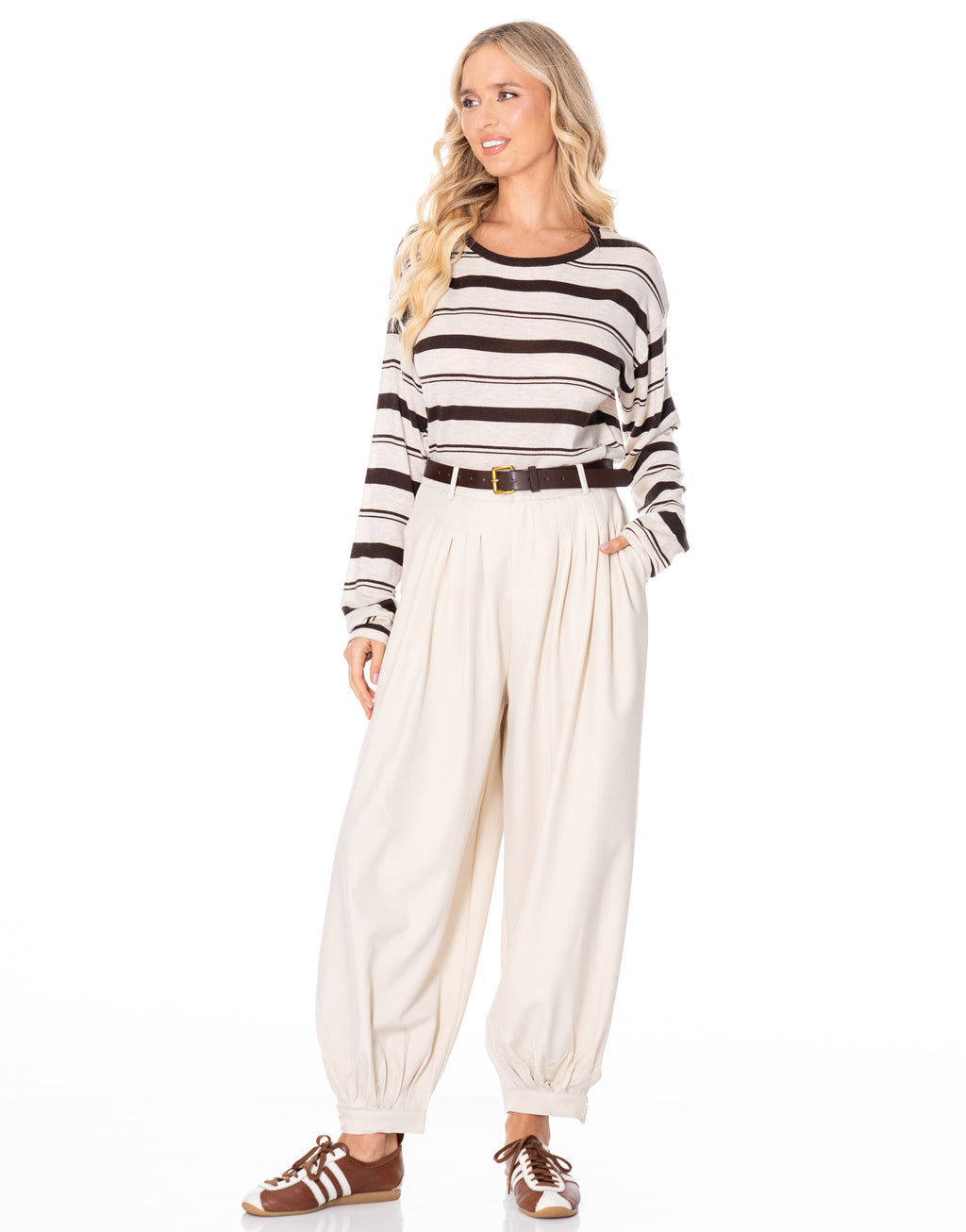 Oversized Striped Crewneck Knit - Apricot/coffee