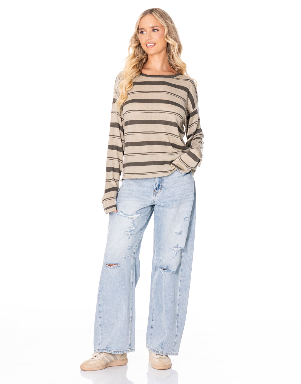 Oversized Striped Crewneck Knit - Khaki/green