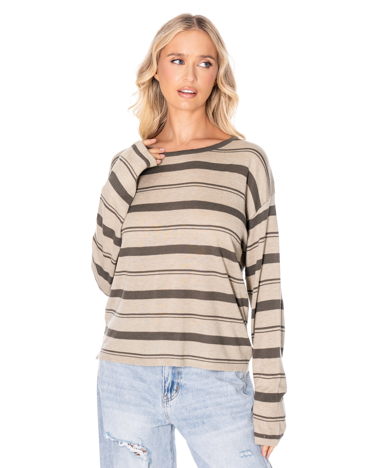 Oversized Striped Crewneck Knit - Khaki/green