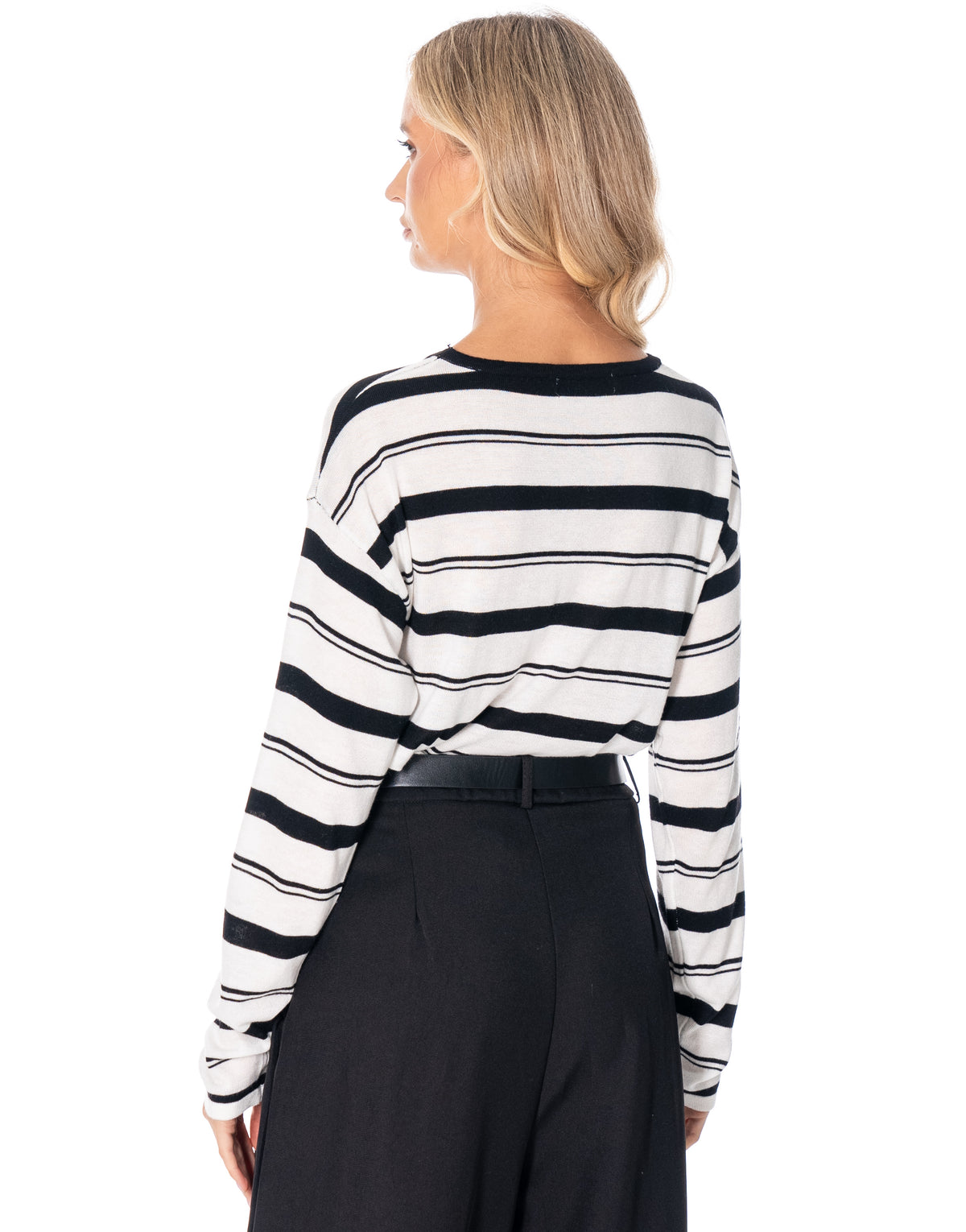 Oversized Striped Crewneck Knit - White/black