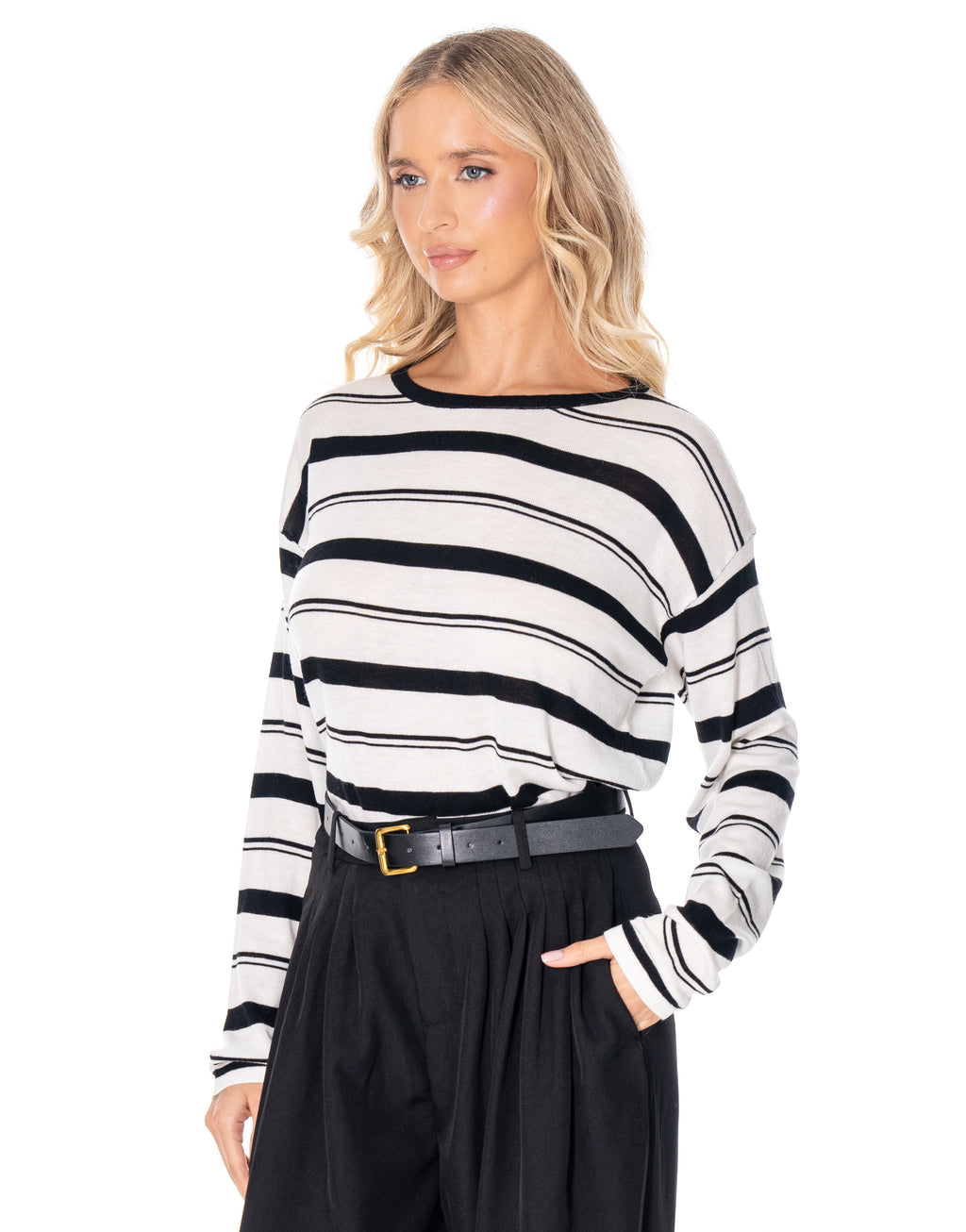 Oversized Striped Crewneck Knit - White/black