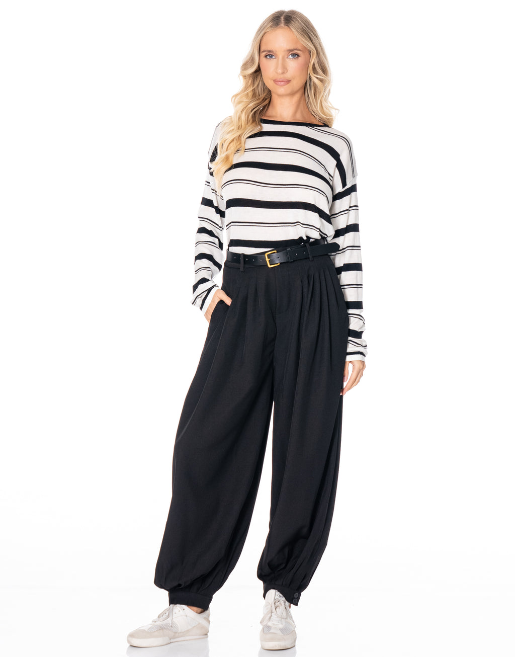 Oversized Striped Crewneck Knit - White/black