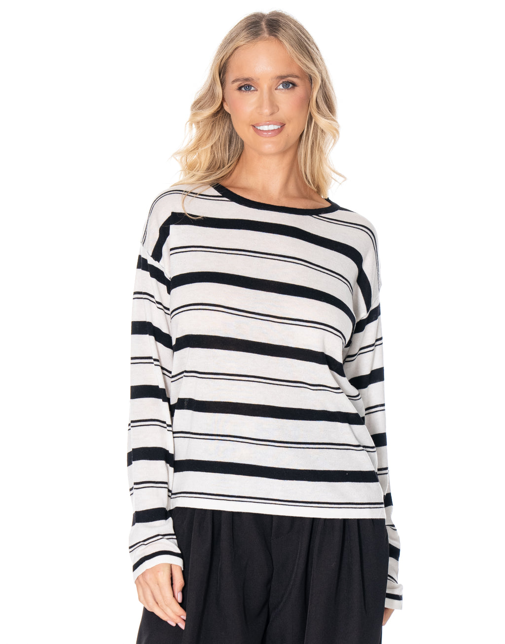 Oversized Striped Crewneck Knit - White/black