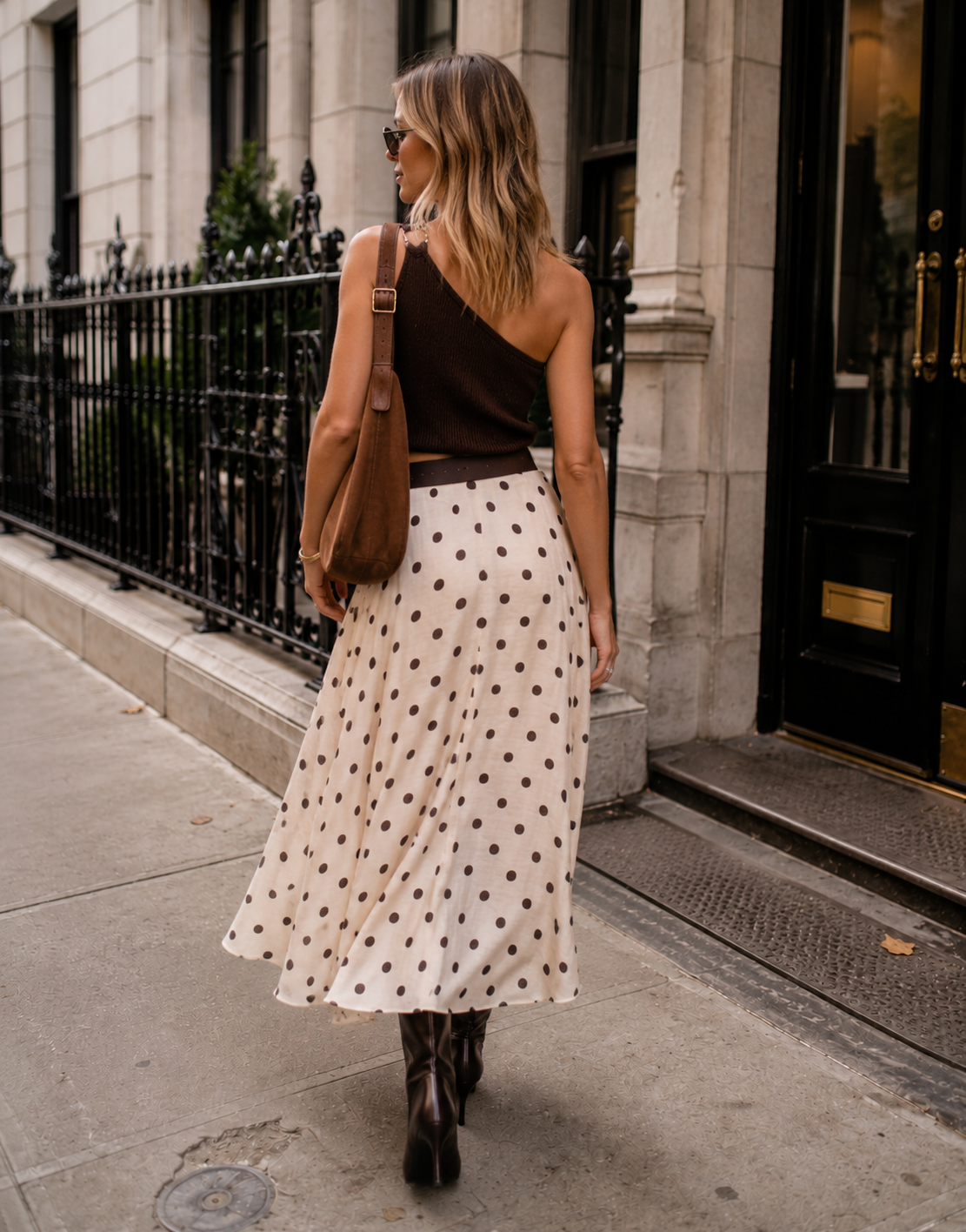 Polkadot Midi Skirt with Slit￼- Beige