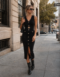 Button-Front Midi Dress - Black