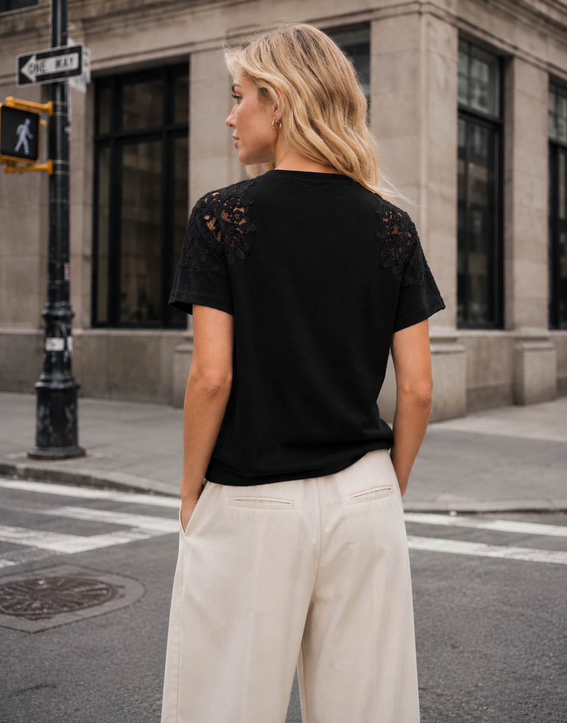 Lace Detail Short Sleeve Top - Black