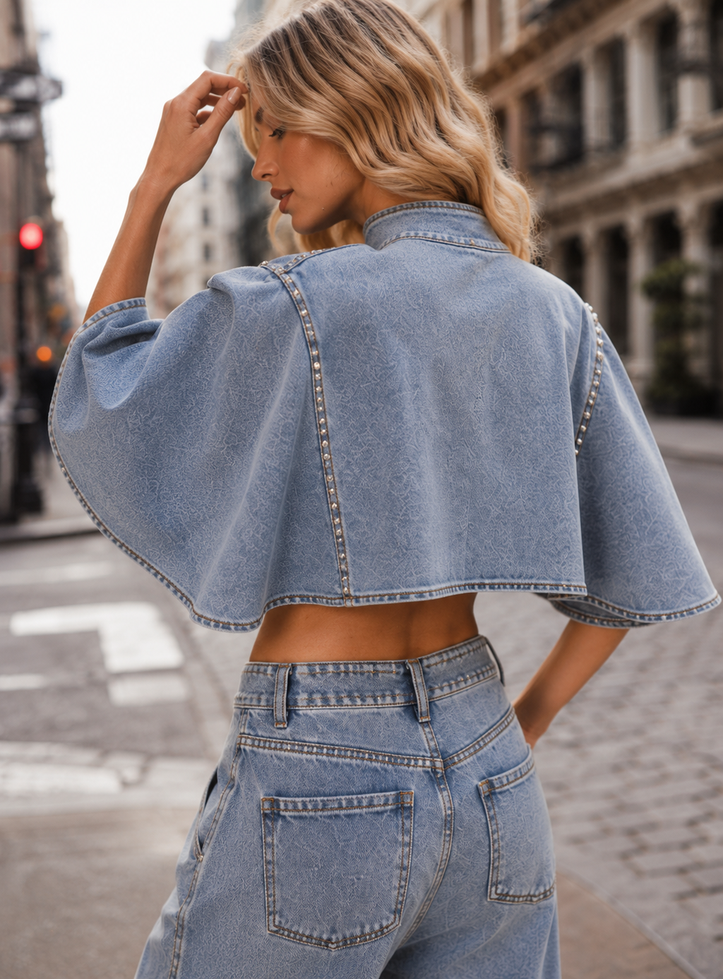 Crop Denim Cape And Jeans Set - Denim