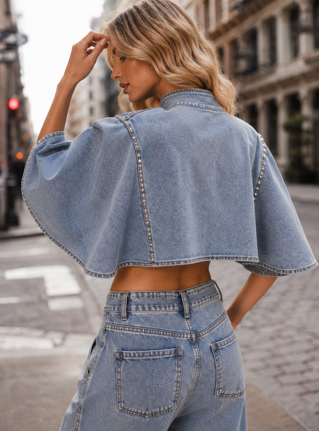Crop Denim Cape And Jeans Set - Denim