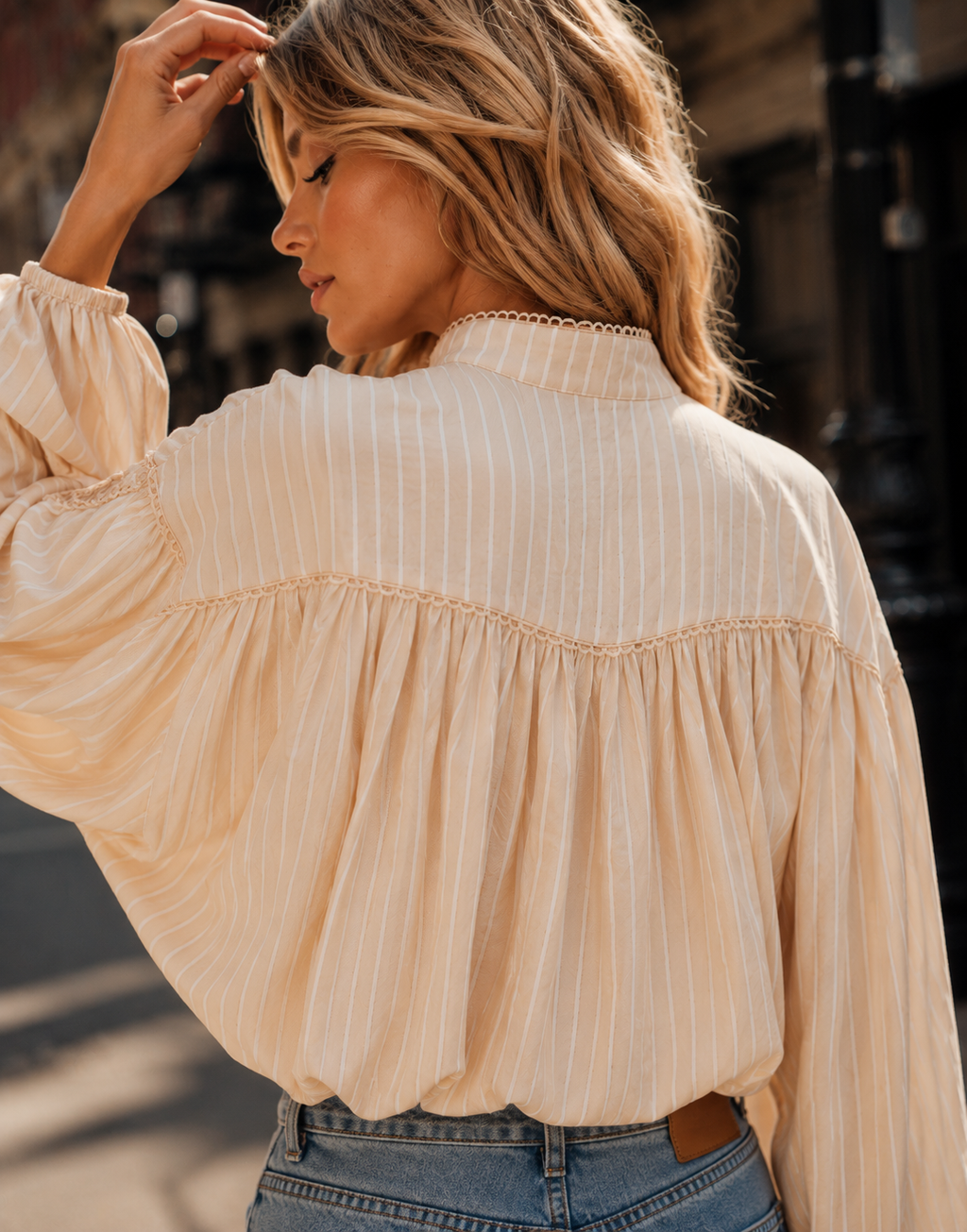 Pleated Long-Sleeve Blouse - Beige