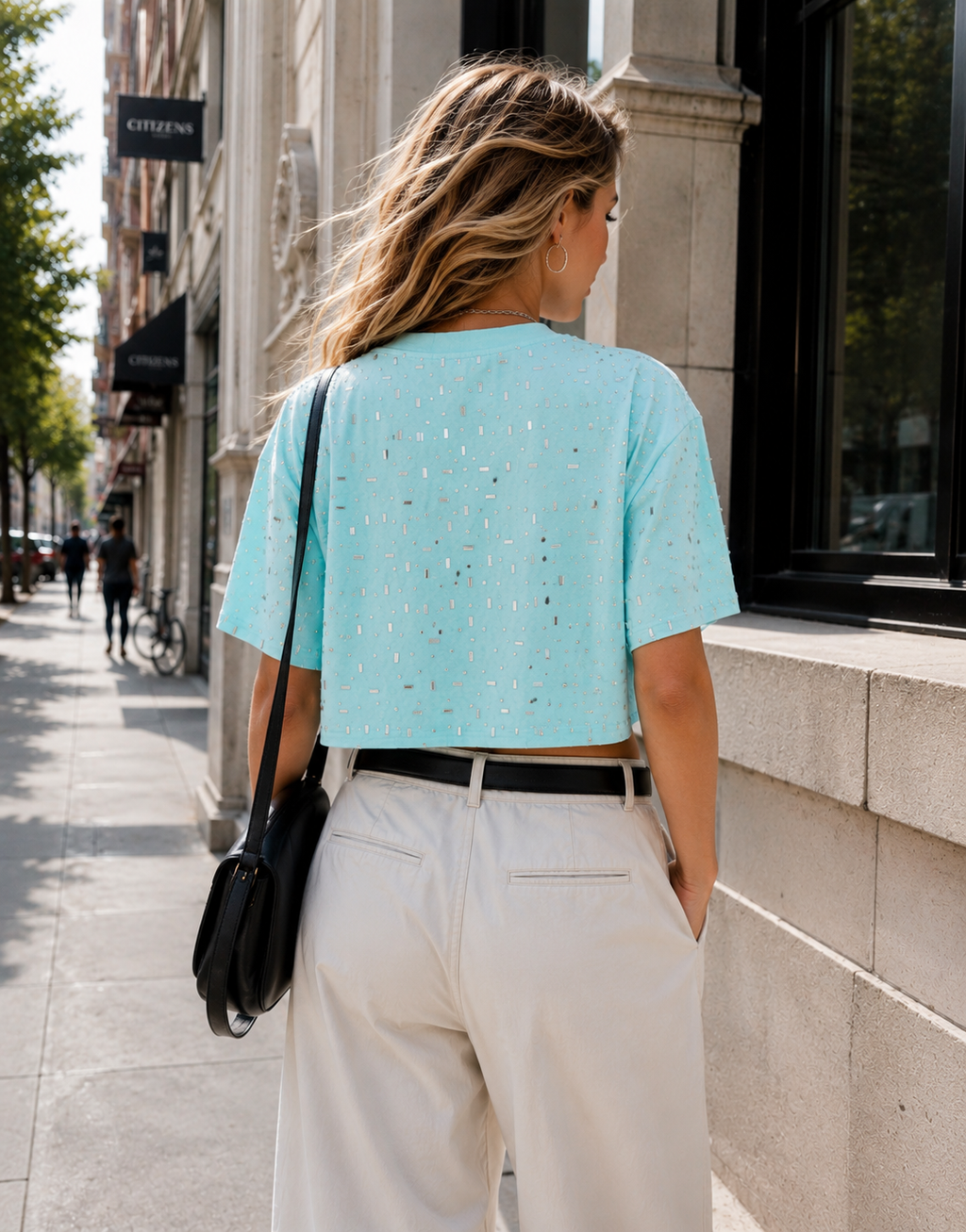 Speckled Short Sleeve Crop Top - Light Blue