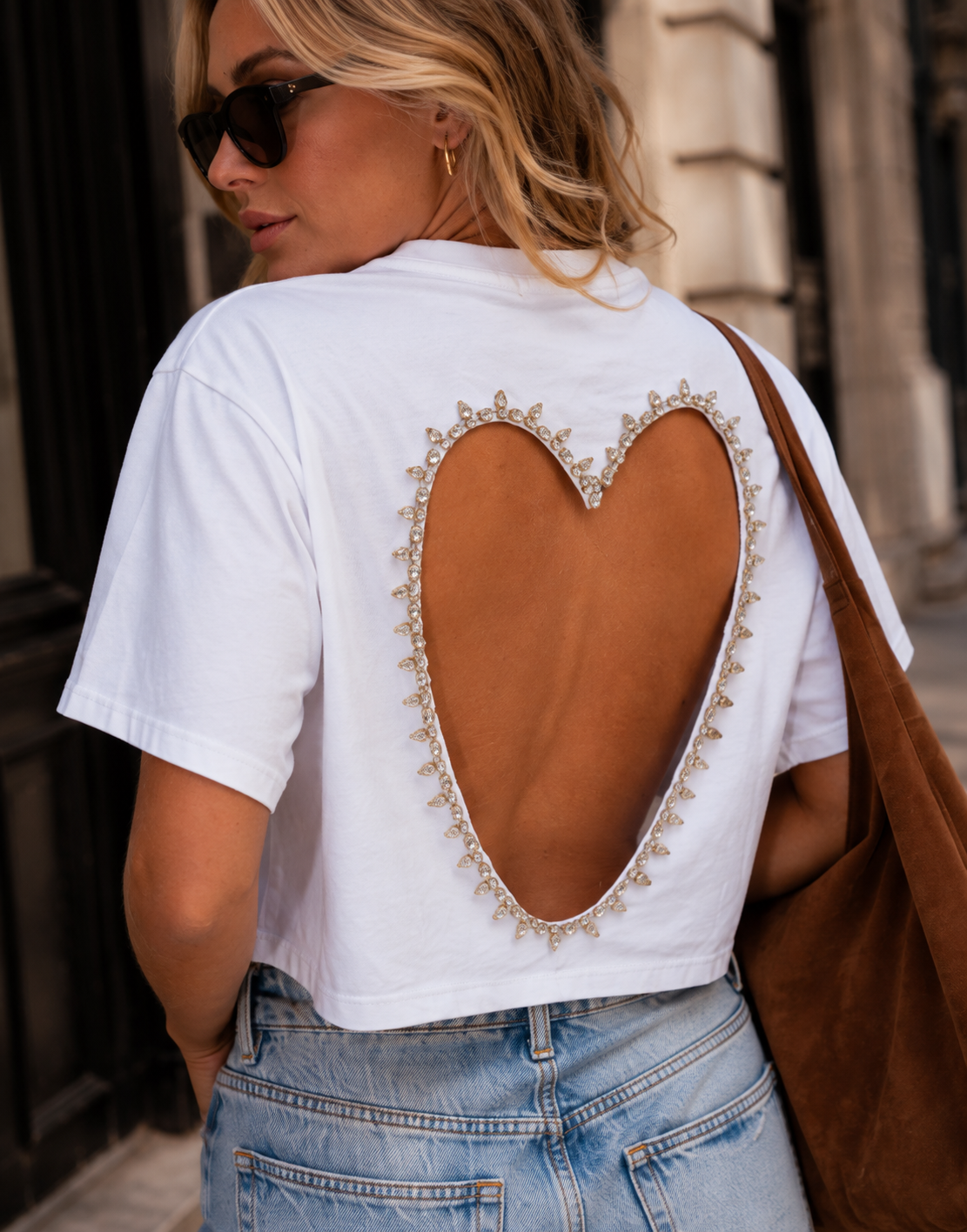 Heart-Cutout Crop Tee - White