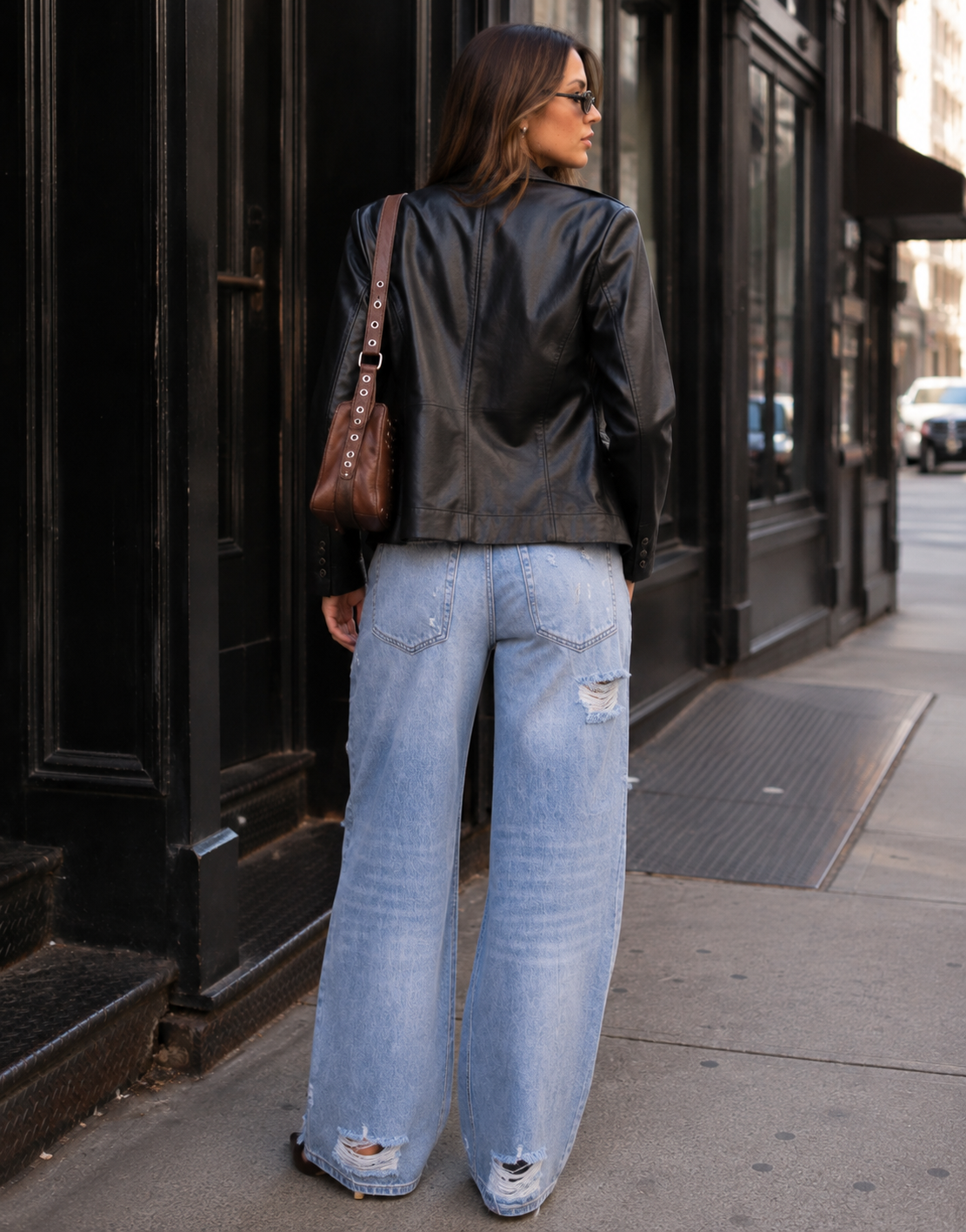 Crossover Waist Baggy Jeans - Denim