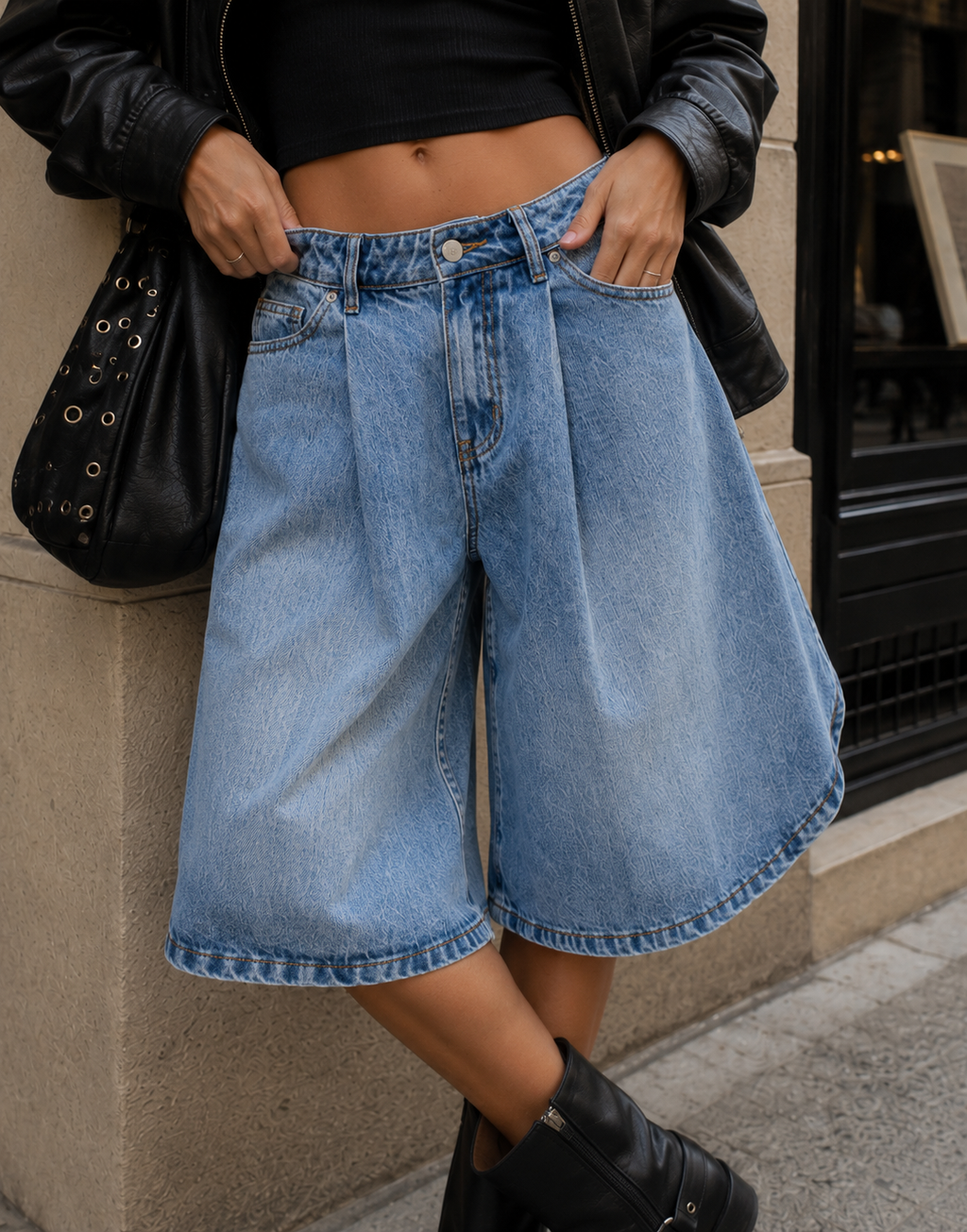 Wide Leg Denim Shorts - Denim