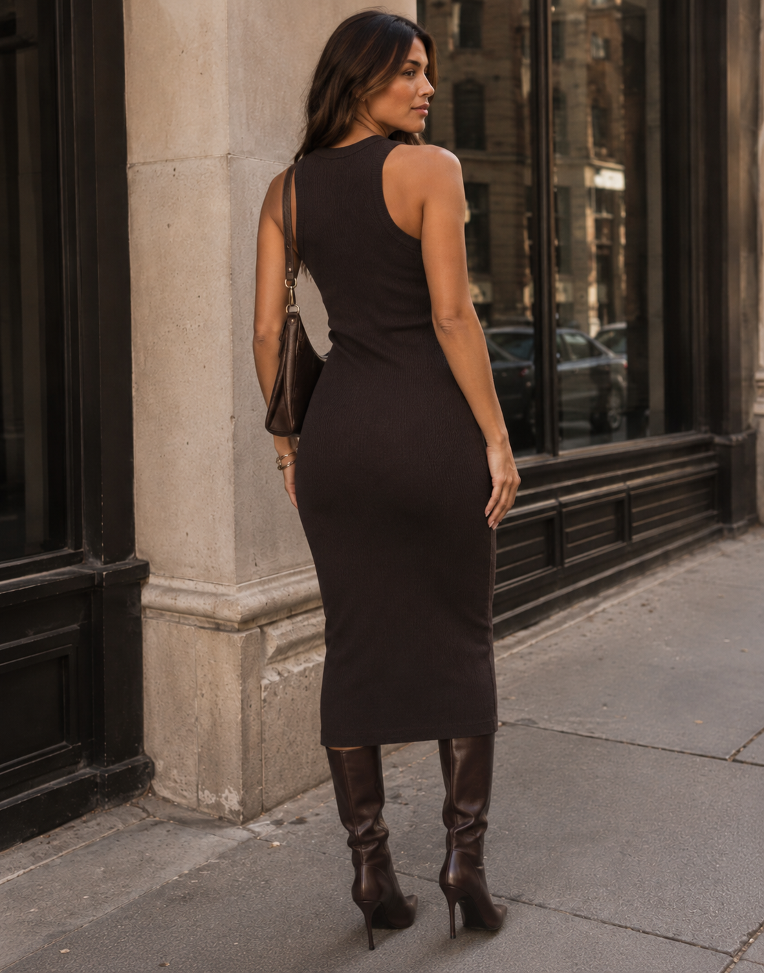 Ribbed Knit Midi Dress - Brown