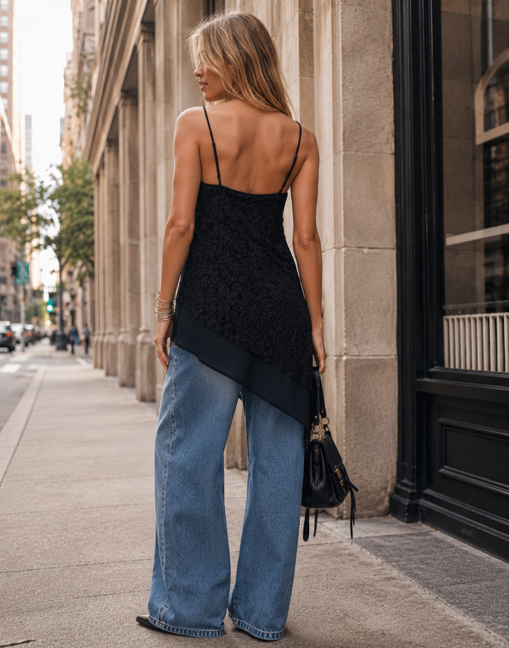 Asymmetric Lace Tank Top - Black