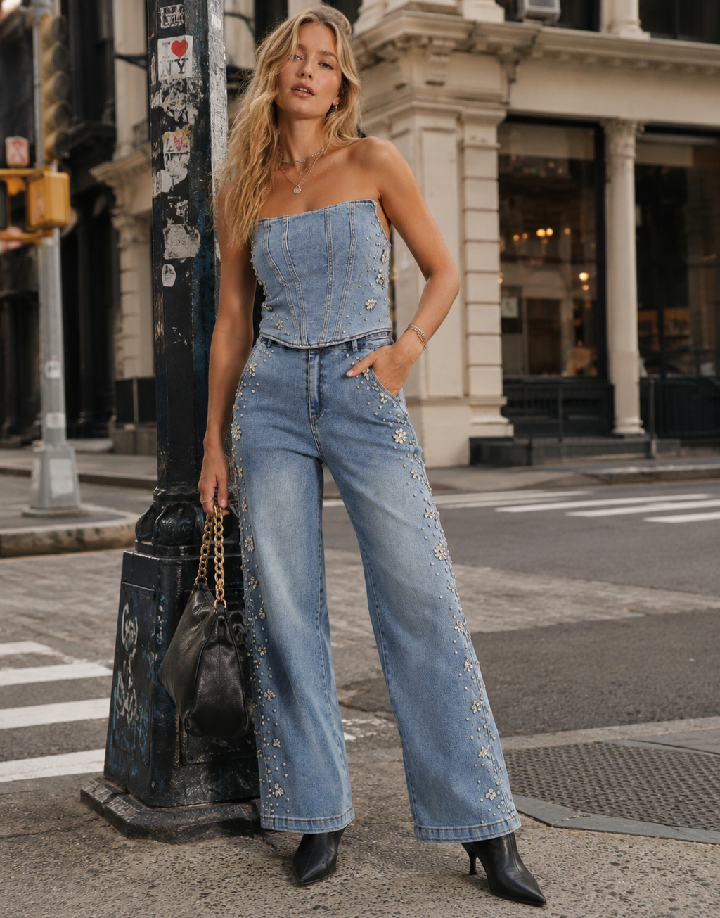 Strapless Denim Corset Top And Jean Set - Denim