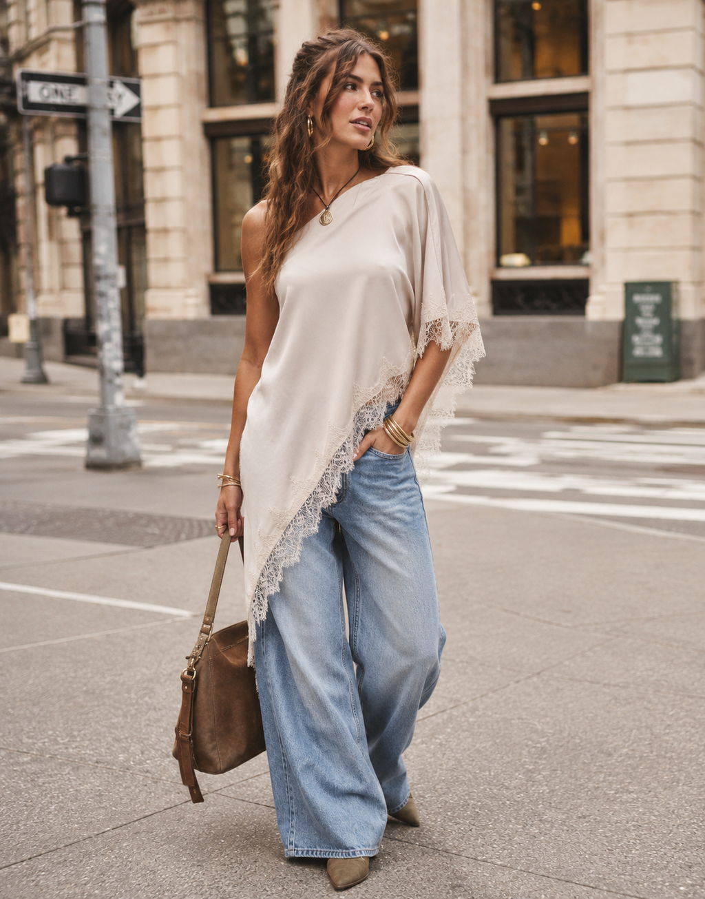 Asymmetric Lace-Trim Tank - Beige