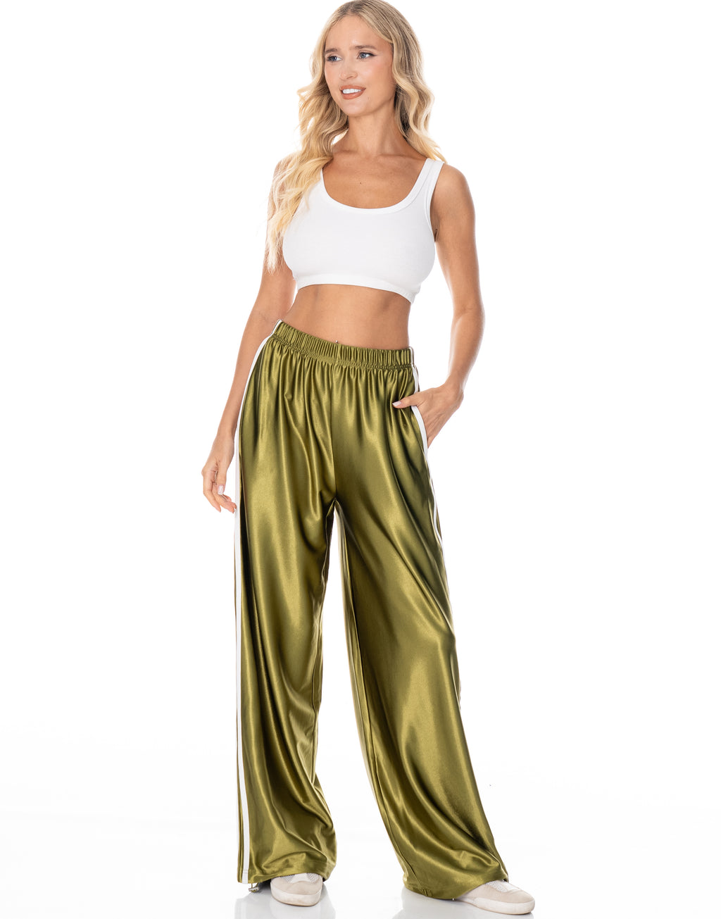 Satin Side Stripe Track Pants - Green