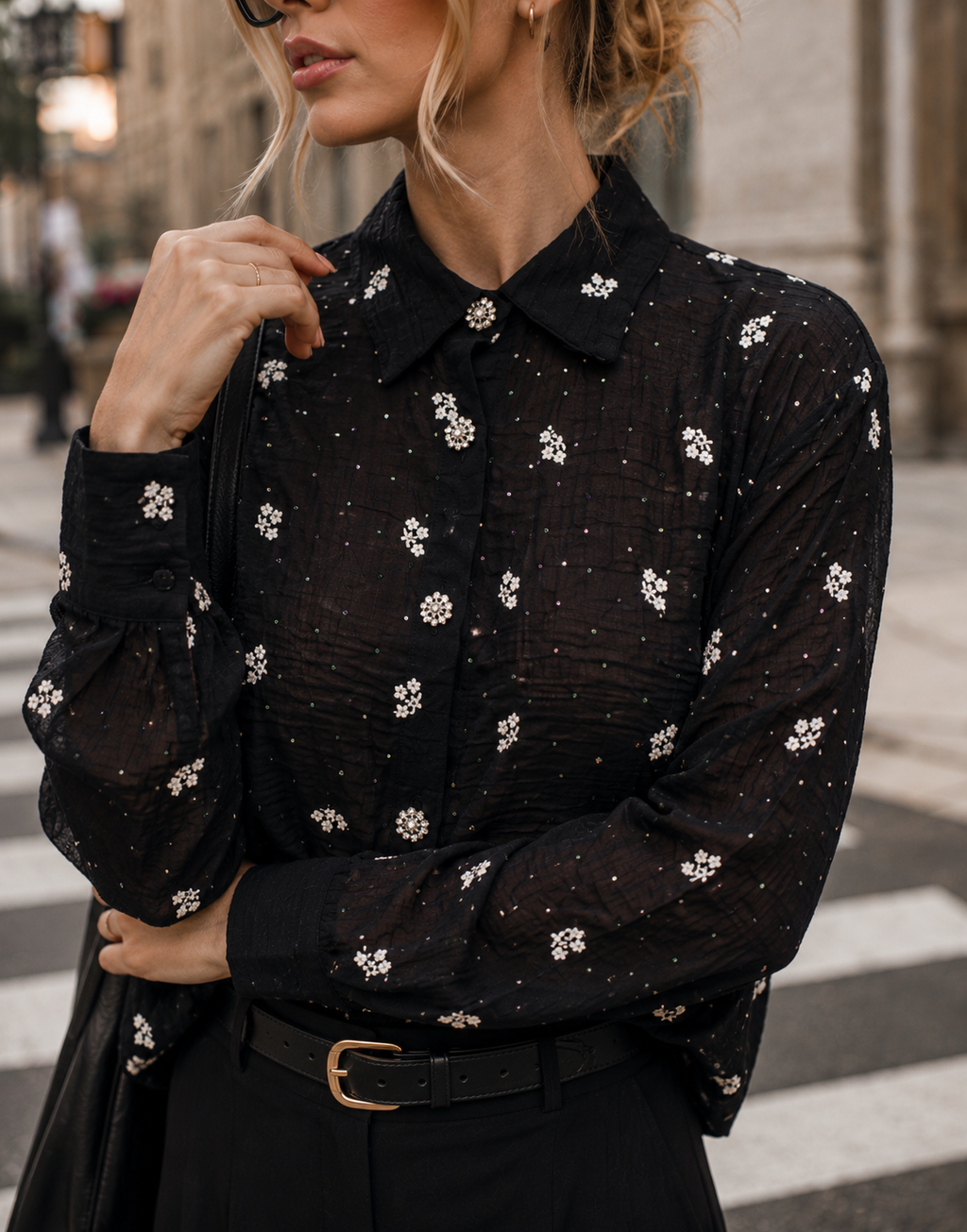Sheer Floral Button-Down - Black