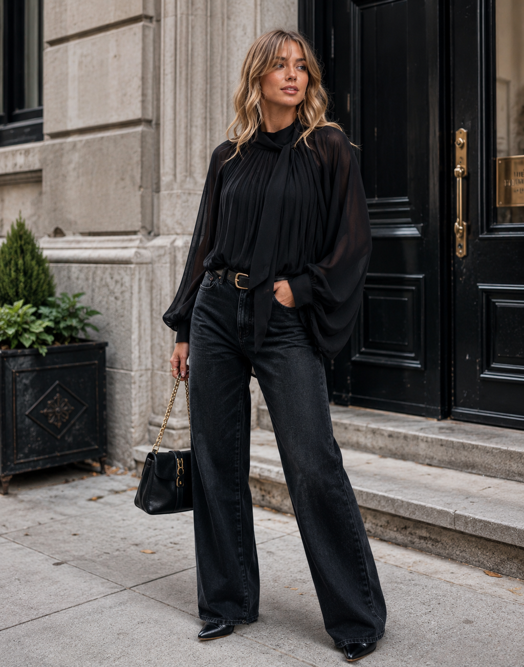 Pleated Blouson Long-Sleeve Top - Black