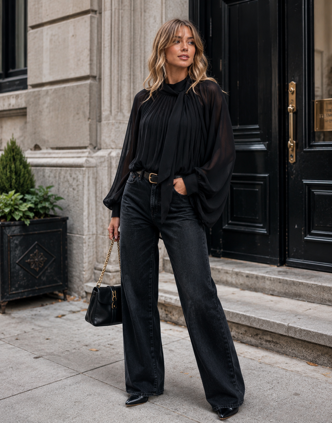 Pleated Blouson Long-Sleeve Top - Black