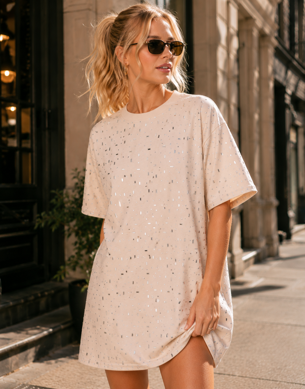 Pink Mini T-Shirt Dress - Beige
