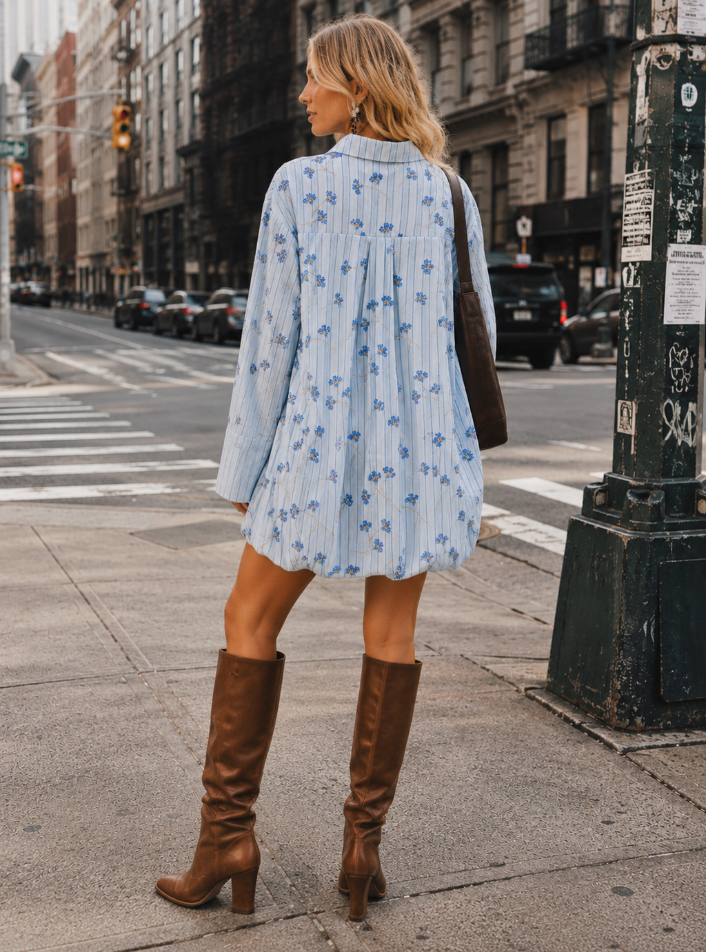 Floral Long Sleeve Mini Dress - Light Blue