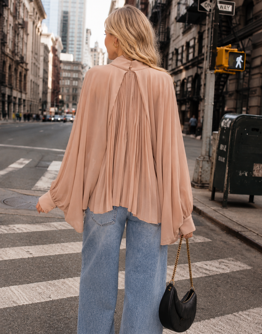 Pleated Blouson Long-Sleeve Top - Camel