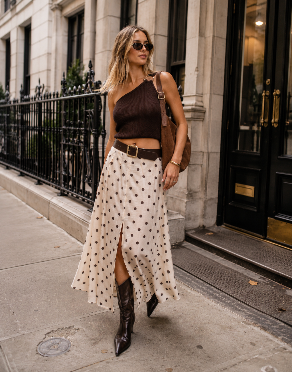Polkadot Midi Skirt with Slit￼- Beige