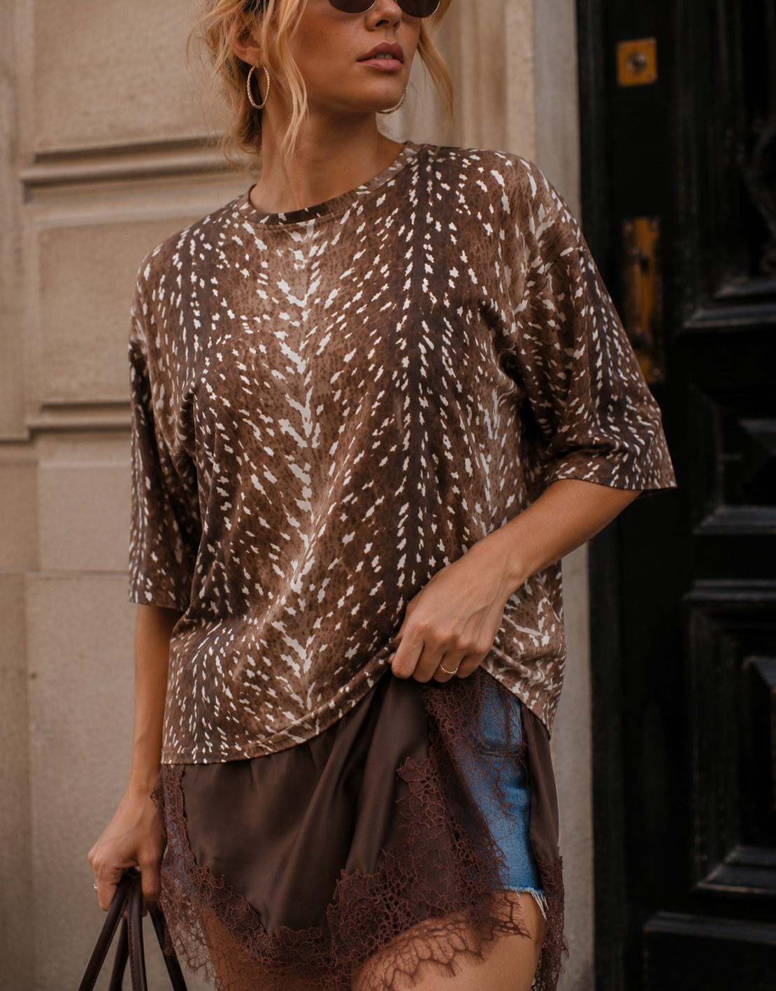 Fawn Print Lace Hem Tee - Brown