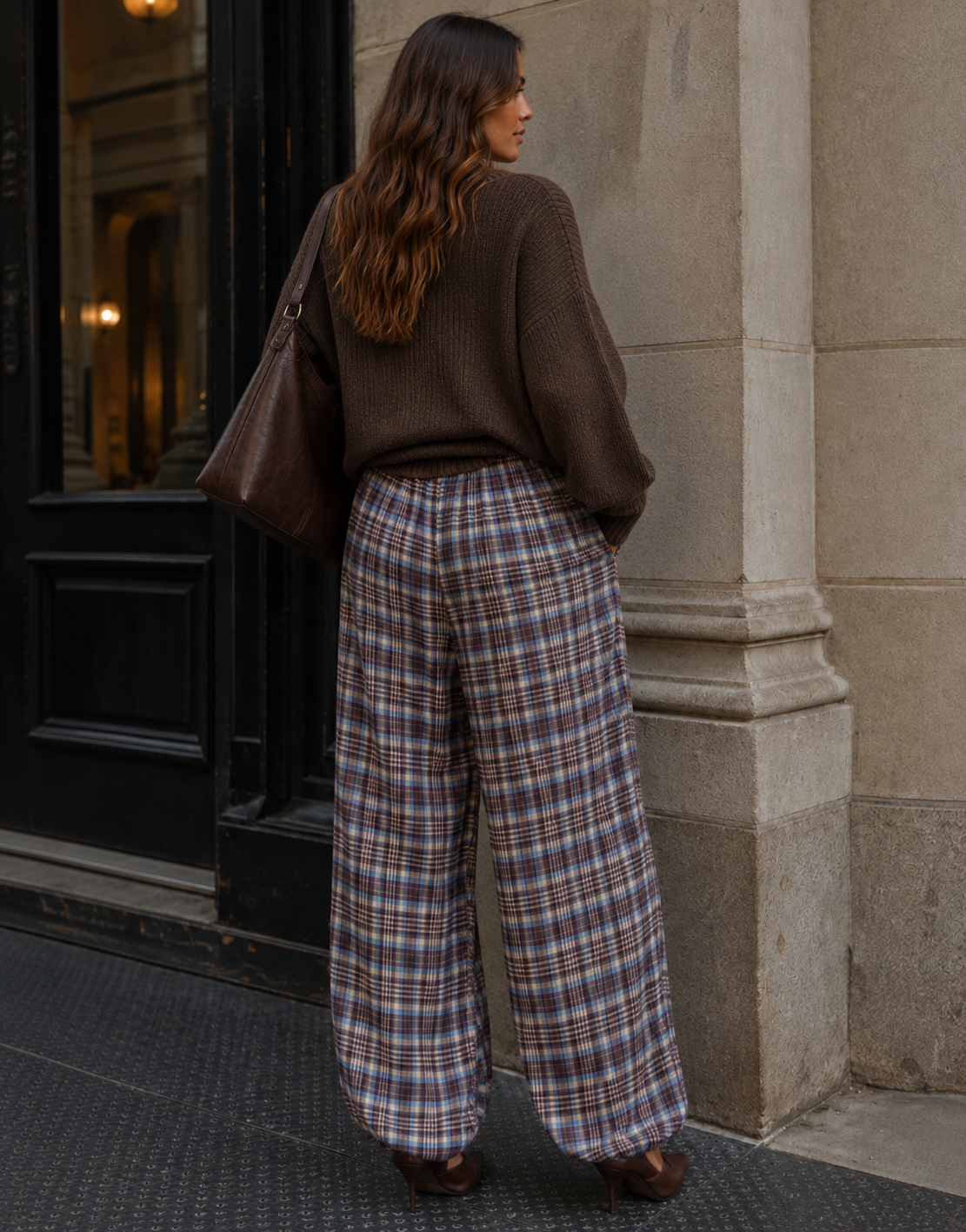 Plaid Harem Pants - Light Blue