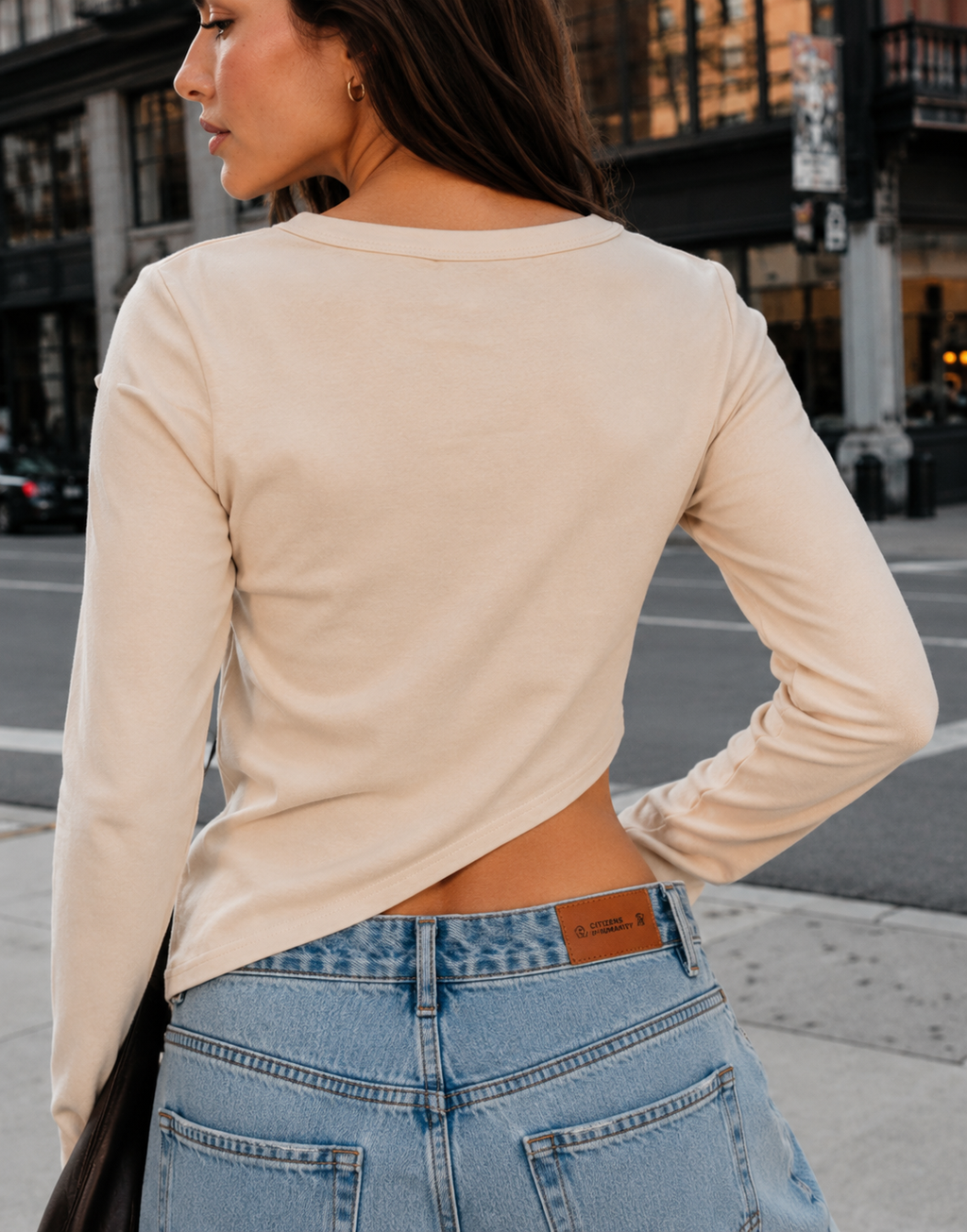 Long-Sleeve Asymmetric Crop Top - Apricot