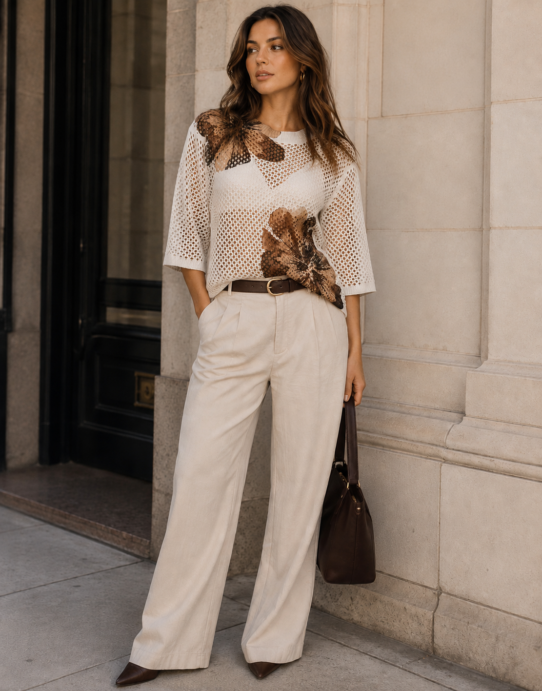Floral Mesh Tee - Beige