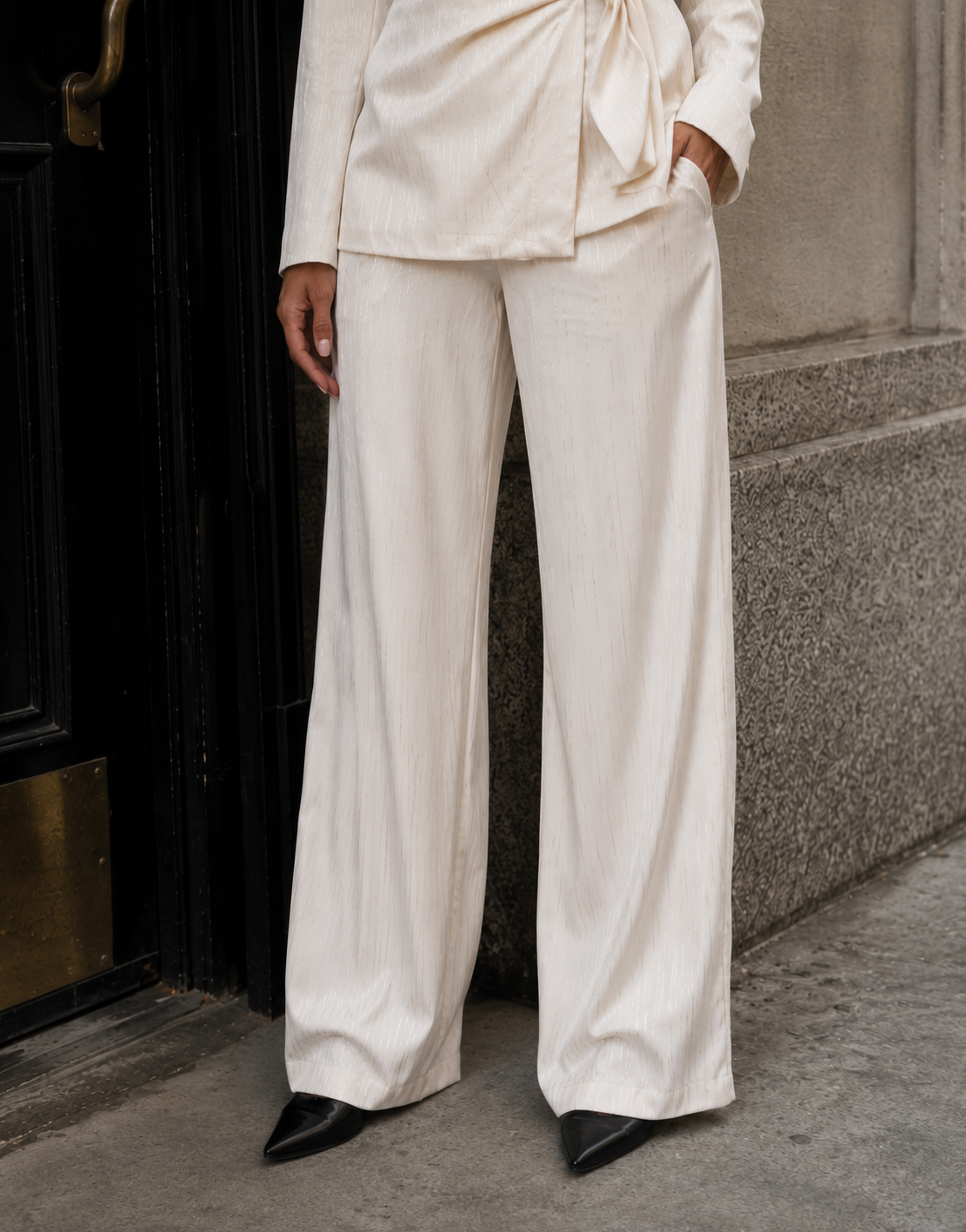 Satin Blazer and Trouser Set - Beige