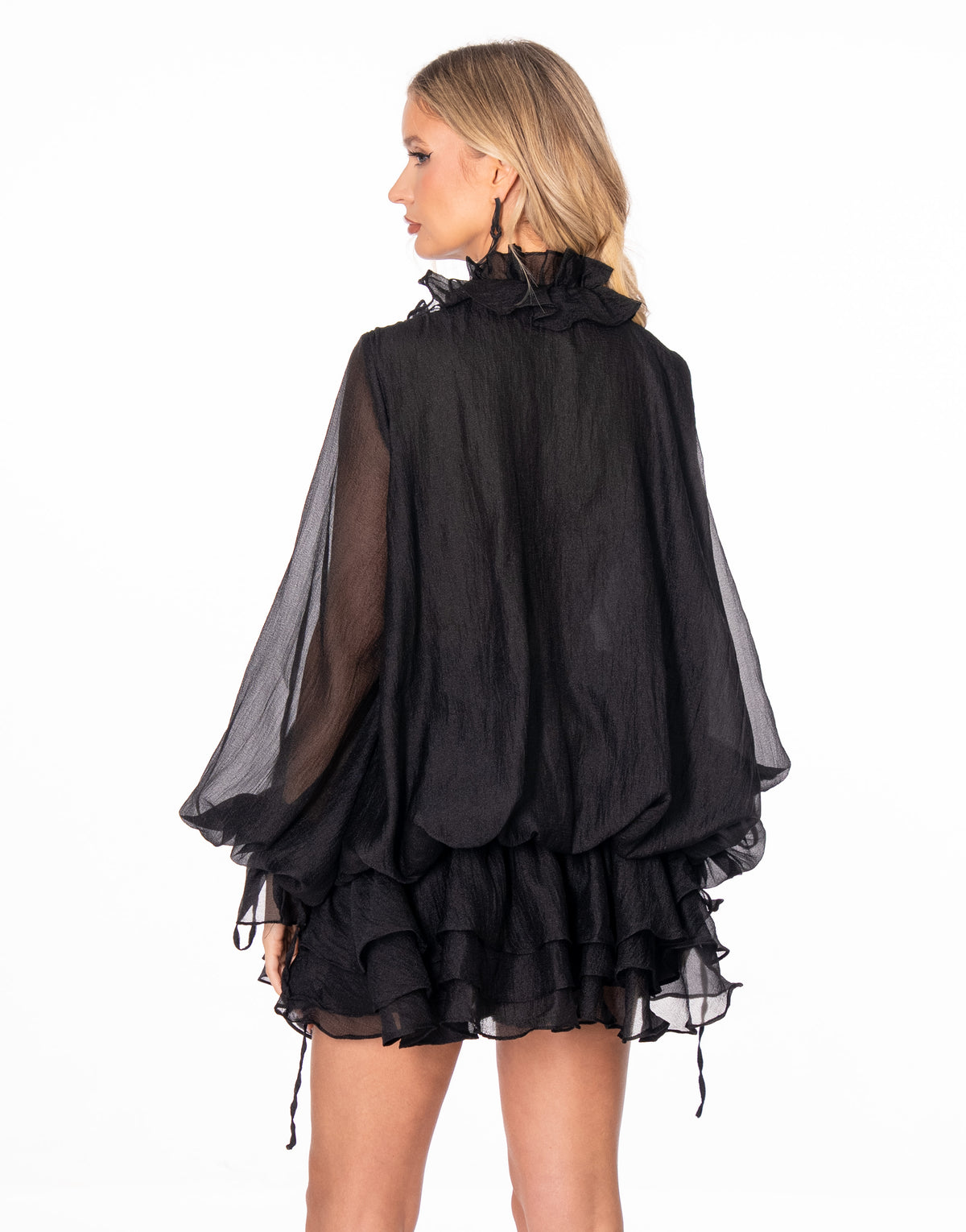 Sheer Ruffle Rosette Blouse and Ruffle Mini Shorts Set - Black